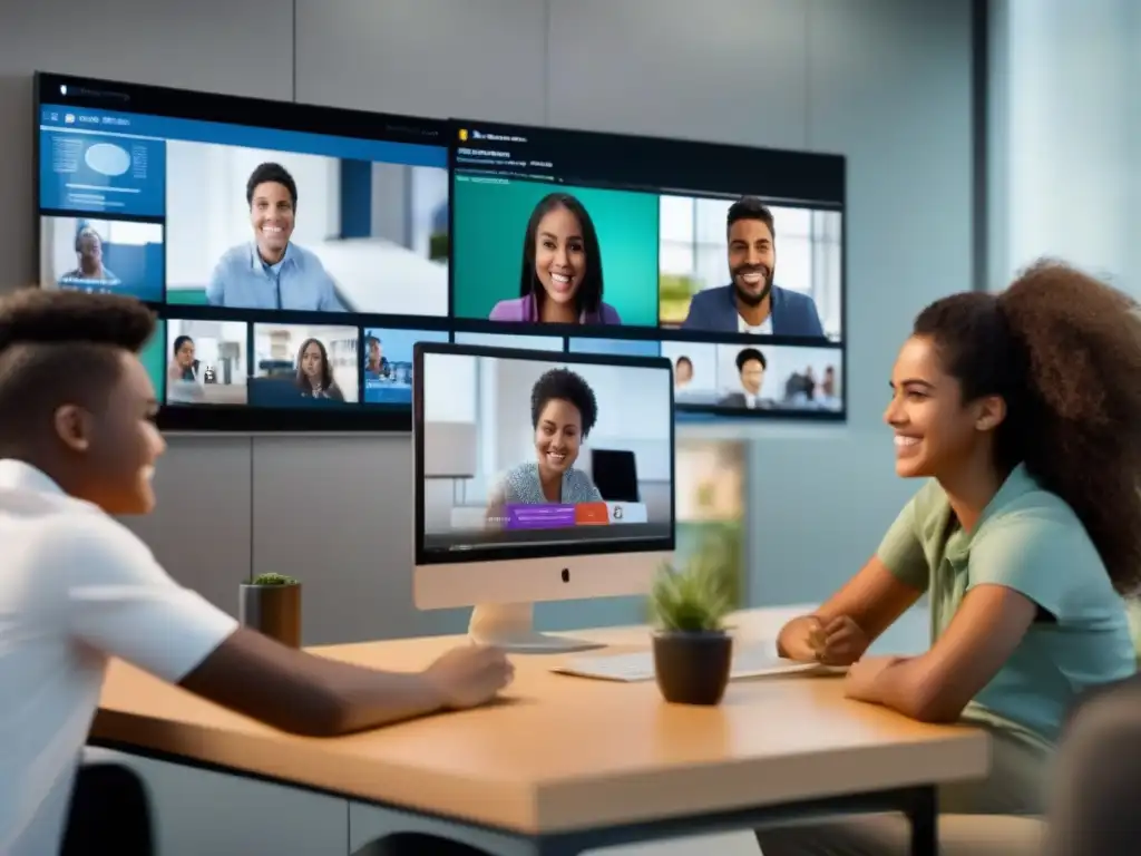 Plataforma educativa segura y colaborativa para estudiantes Grupo diverso de estudiantes participando activamente en una clase virtual interactiva, destacando la plataforma de videoconferencia segura y privada