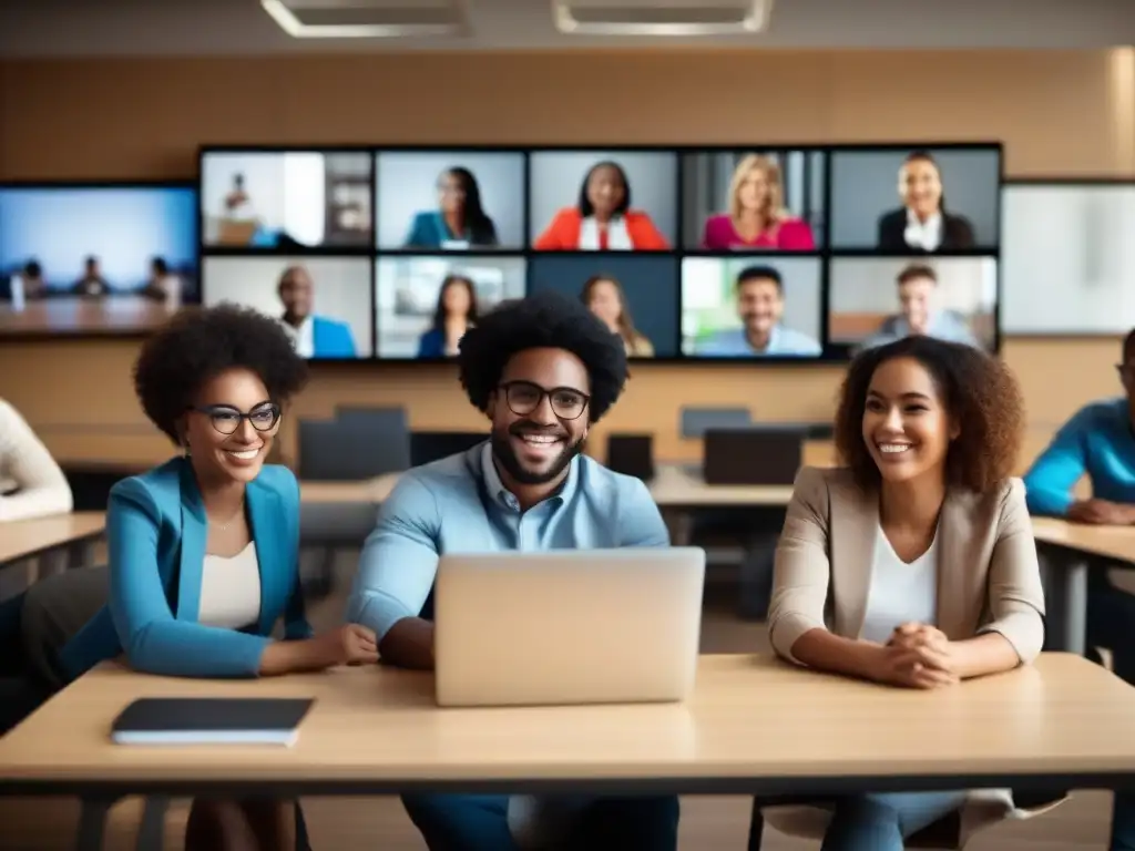Clase virtual de alta calidad con estudiantes entusiastas Grupo diverso de estudiantes participando activamente en una clase virtual con las mejores herramientas de videoconferencia y calidad de audio, potenciando la experiencia educativa remota