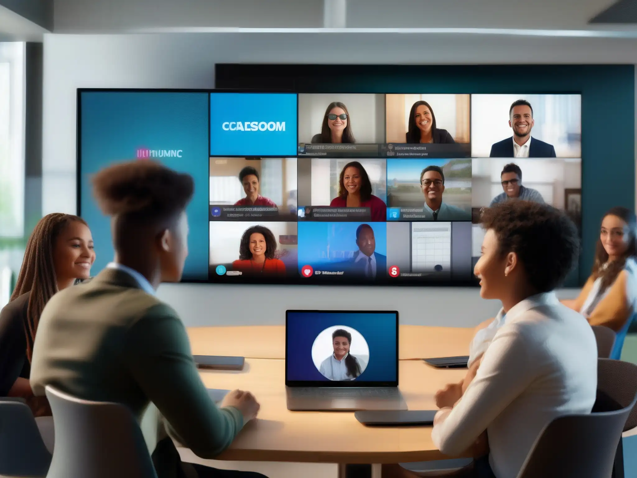 Aula virtual dinámica: estudiantes participando con entusiasmo Grupo diverso de estudiantes participando en una clase virtual