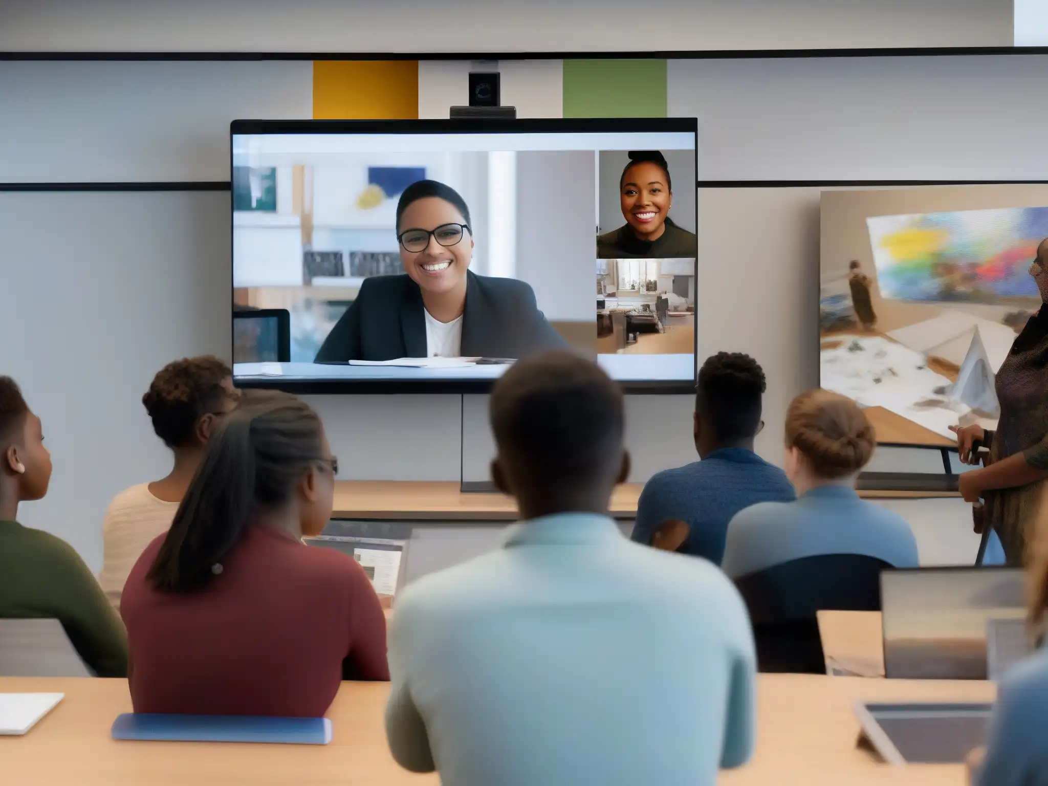 Clase de arte virtual: diversión creativa en línea Grupo diverso de estudiantes participando en una clase de arte virtual a través de videoconferencias