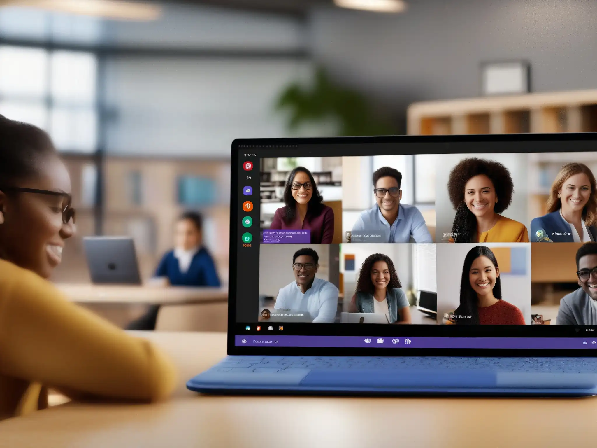 Estudiantes participando en clase virtual con Microsoft Teams Grupo diverso de estudiantes participando activamente en una clase virtual a través de Microsoft Teams, resaltando la seguridad y protección de datos en videoconferencias educativas