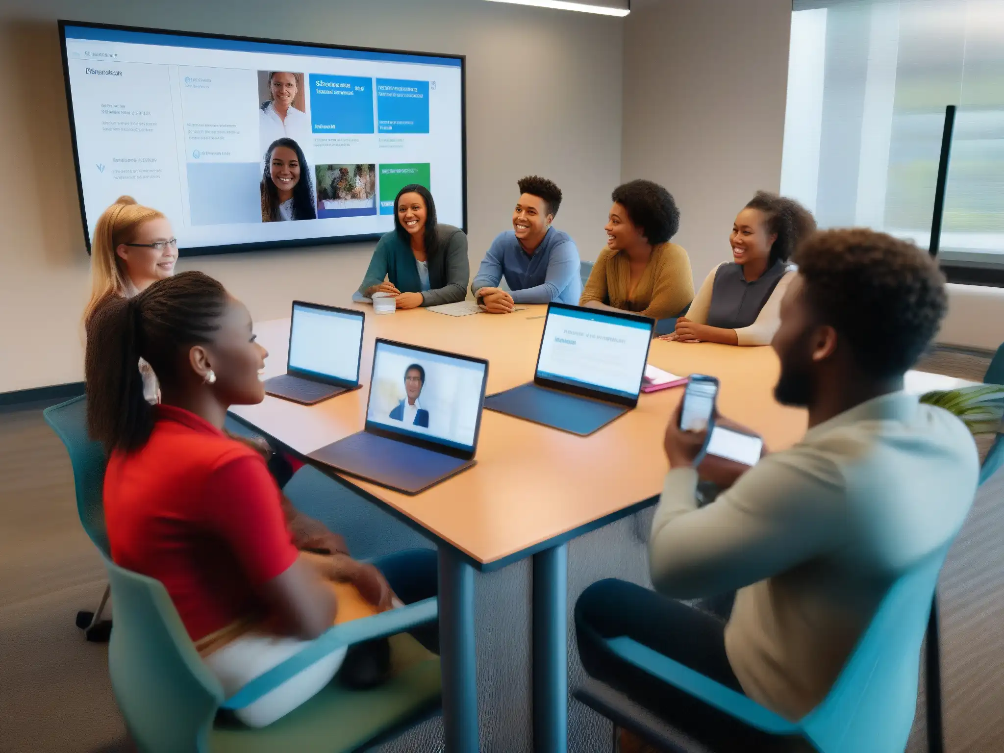 Clase virtual interactiva con estudiantes entusiastas Grupo diverso de estudiantes participando con entusiasmo en una clase virtual, adaptando estilos de aprendizaje en enseñanza virtual