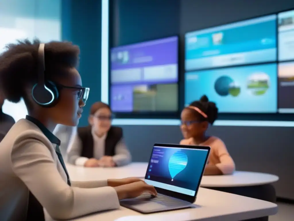 Clase virtual interactiva: aprendizaje inmersivo Grupo diverso de estudiantes participa activamente en una experiencia de aprendizaje inmersivo a través de videoconferencias educativas