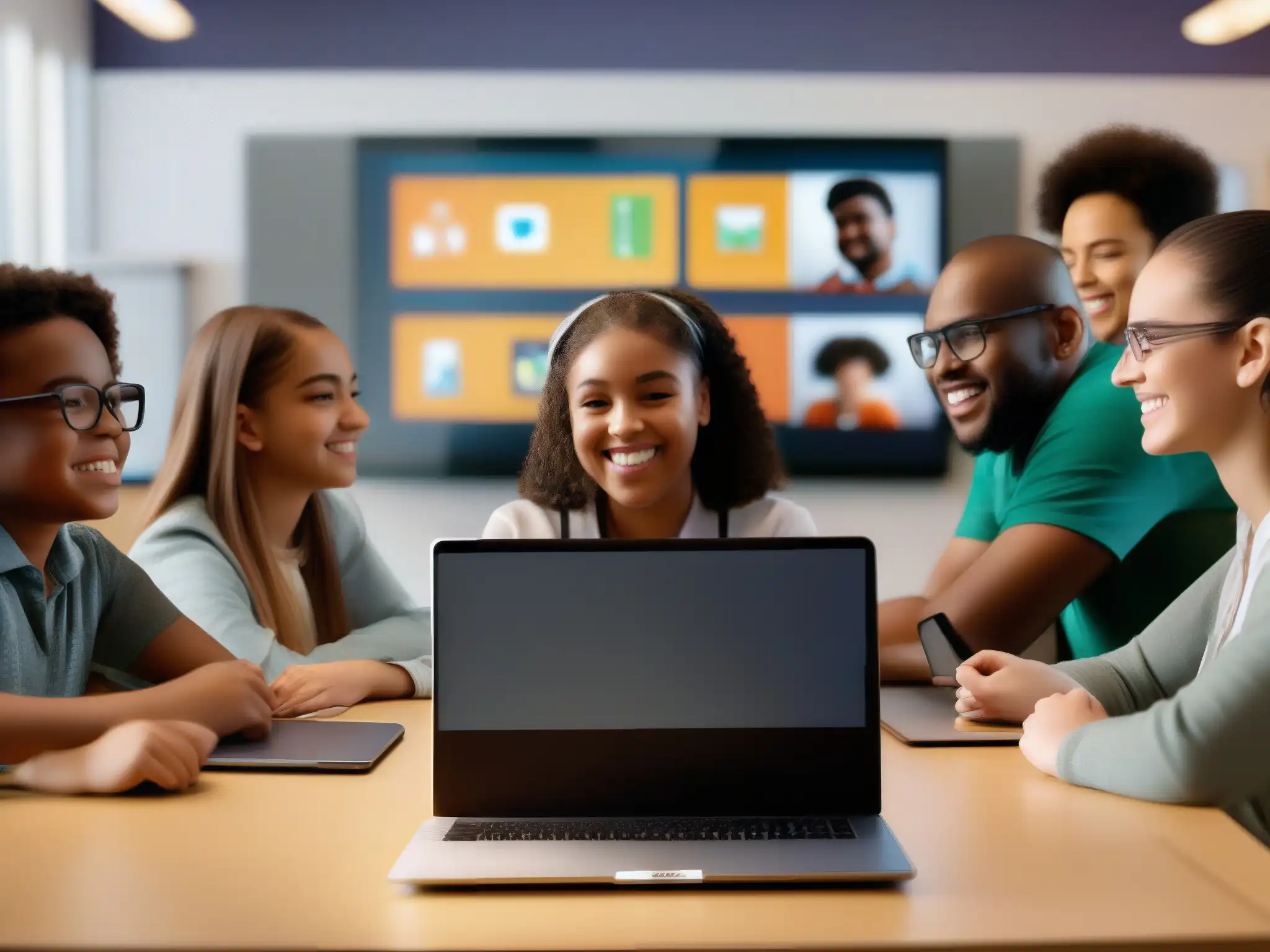 Clase virtual inclusiva para estudiantes con necesidades especiales Grupo diverso de estudiantes con necesidades especiales participando activamente en una clase virtual utilizando herramientas de videoconferencia en un entorno inclusivo y moderno para la educación especial