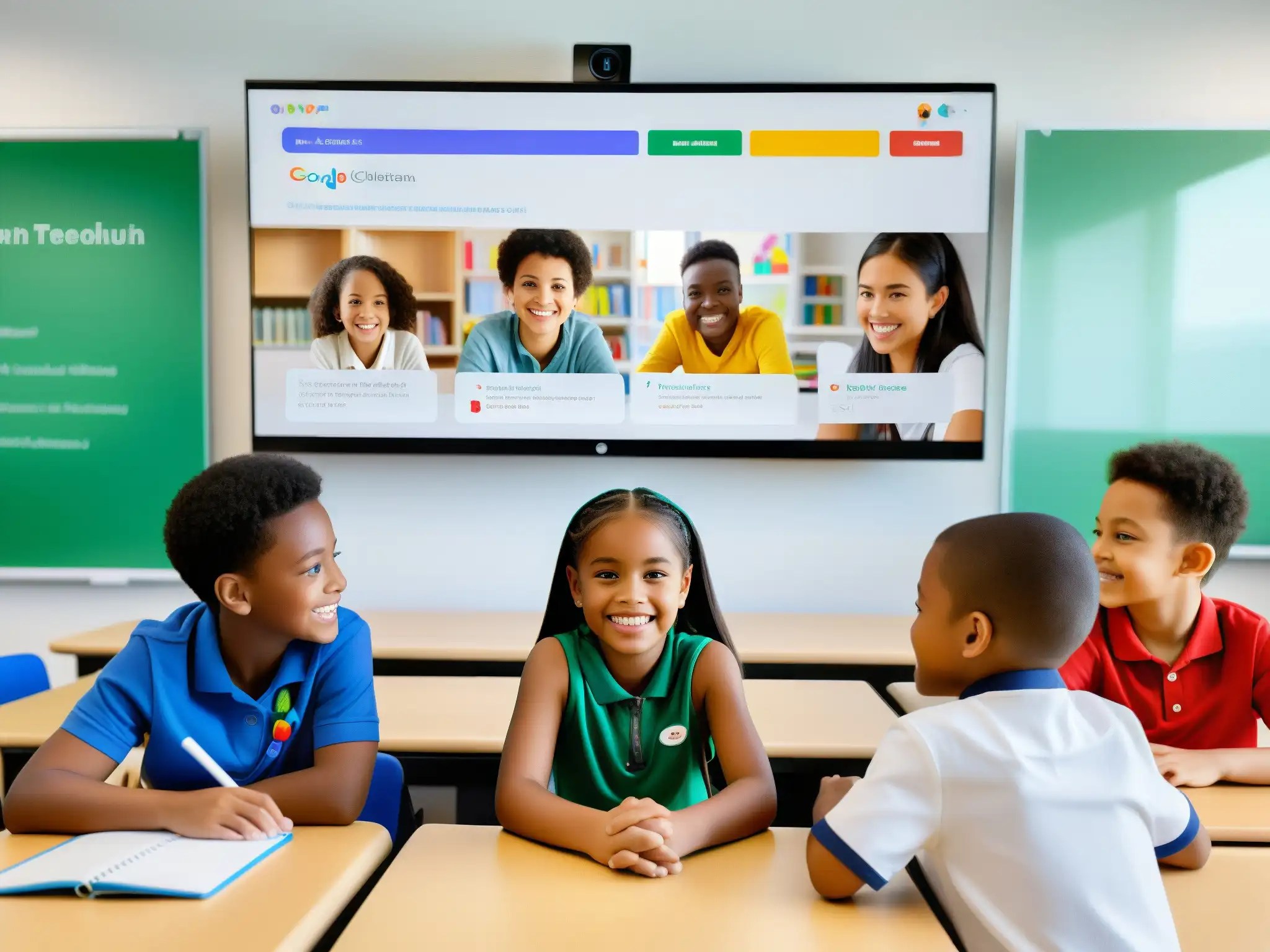 Clase virtual animada: Google Meet en educación primaria Grupo diverso de estudiantes de primaria participando con entusiasmo en una clase virtual de Google Meet