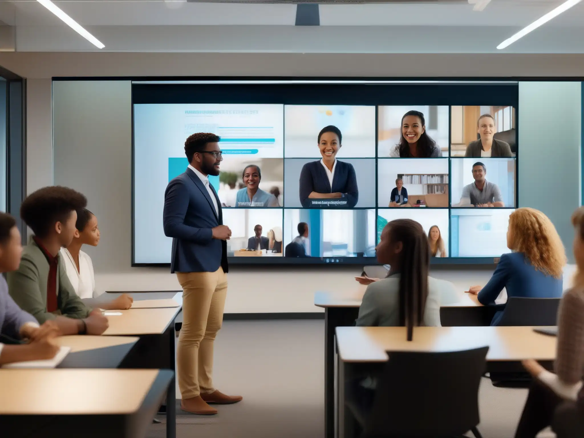 Videoconferencia educativa: estudiantes y maestro atentos en aula moderna Grupo diverso de estudiantes y profesor en videoconferencia 8k, con tecnología de vanguardia y seguridad en videoconferencias educativas