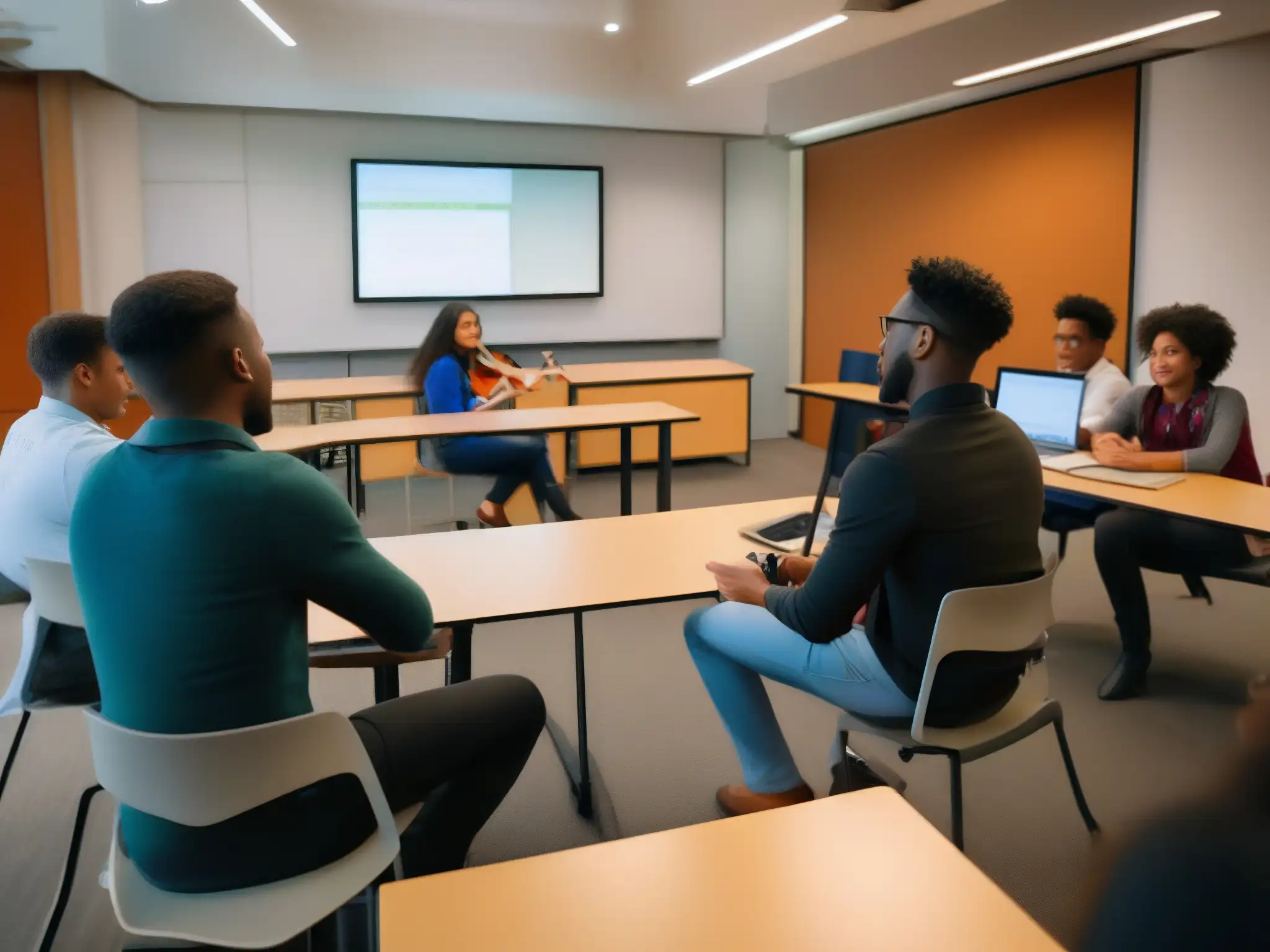 Clase de música innovadora con RingCentral Meetings Un grupo diverso de estudiantes y su profesor disfrutan de una animada discusión en un aula moderna de música, con tecnología de vanguardia