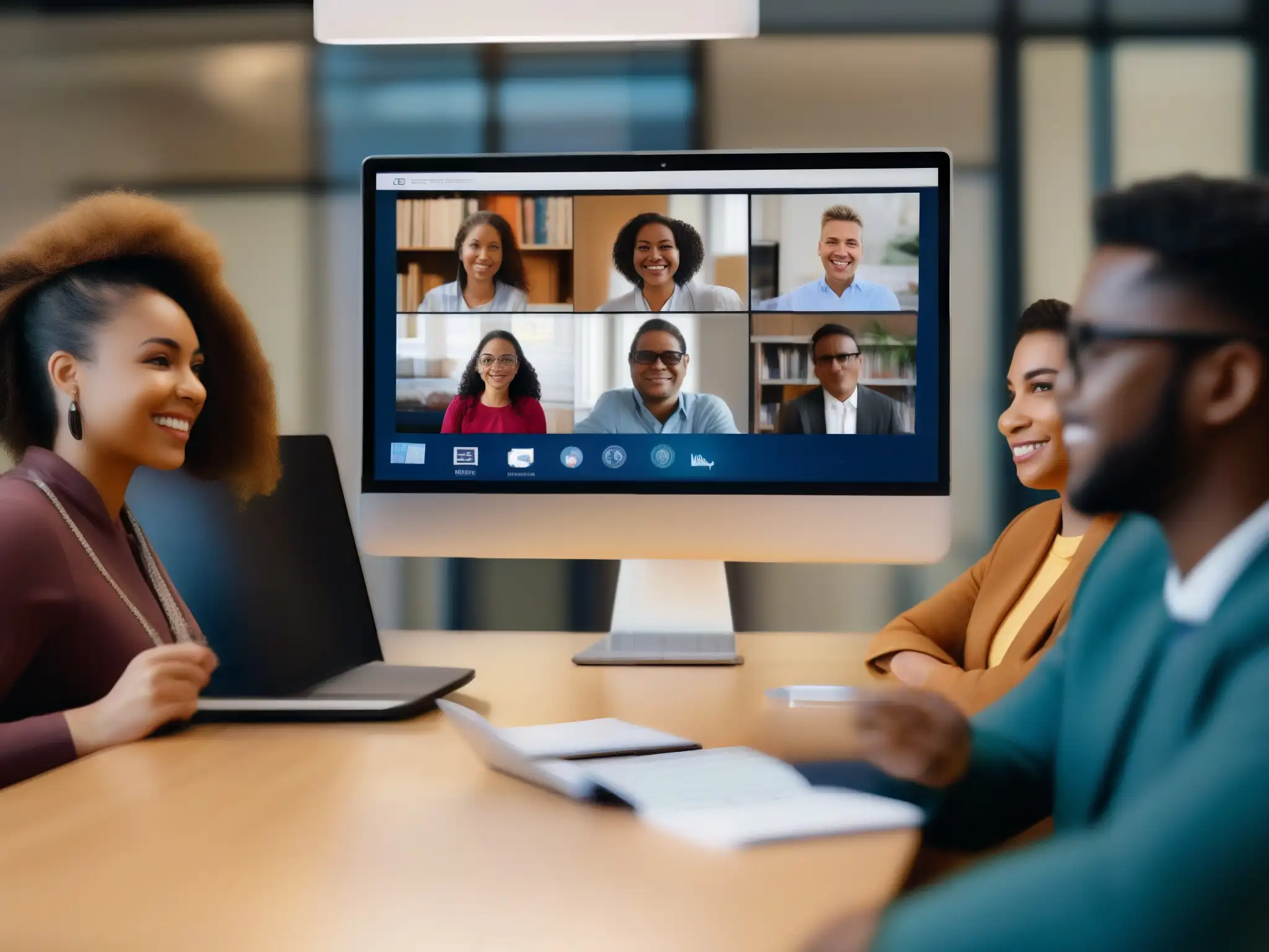 Videoconferencia segura para aprendizaje inclusivo Grupo diverso de estudiantes y profesores en videoconferencia segura, promoviendo la protección de la privacidad en entornos educativos virtuales