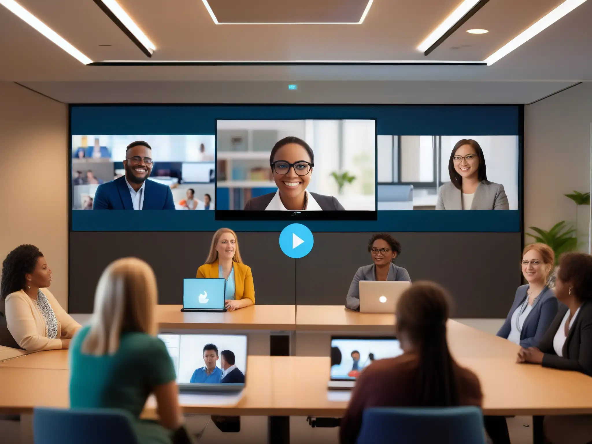 Conferencia virtual educativa: Colaboración y tecnología Un grupo diverso de estudiantes y profesores participa en una videoconferencia en un aula virtual moderna y tecnológicamente avanzada