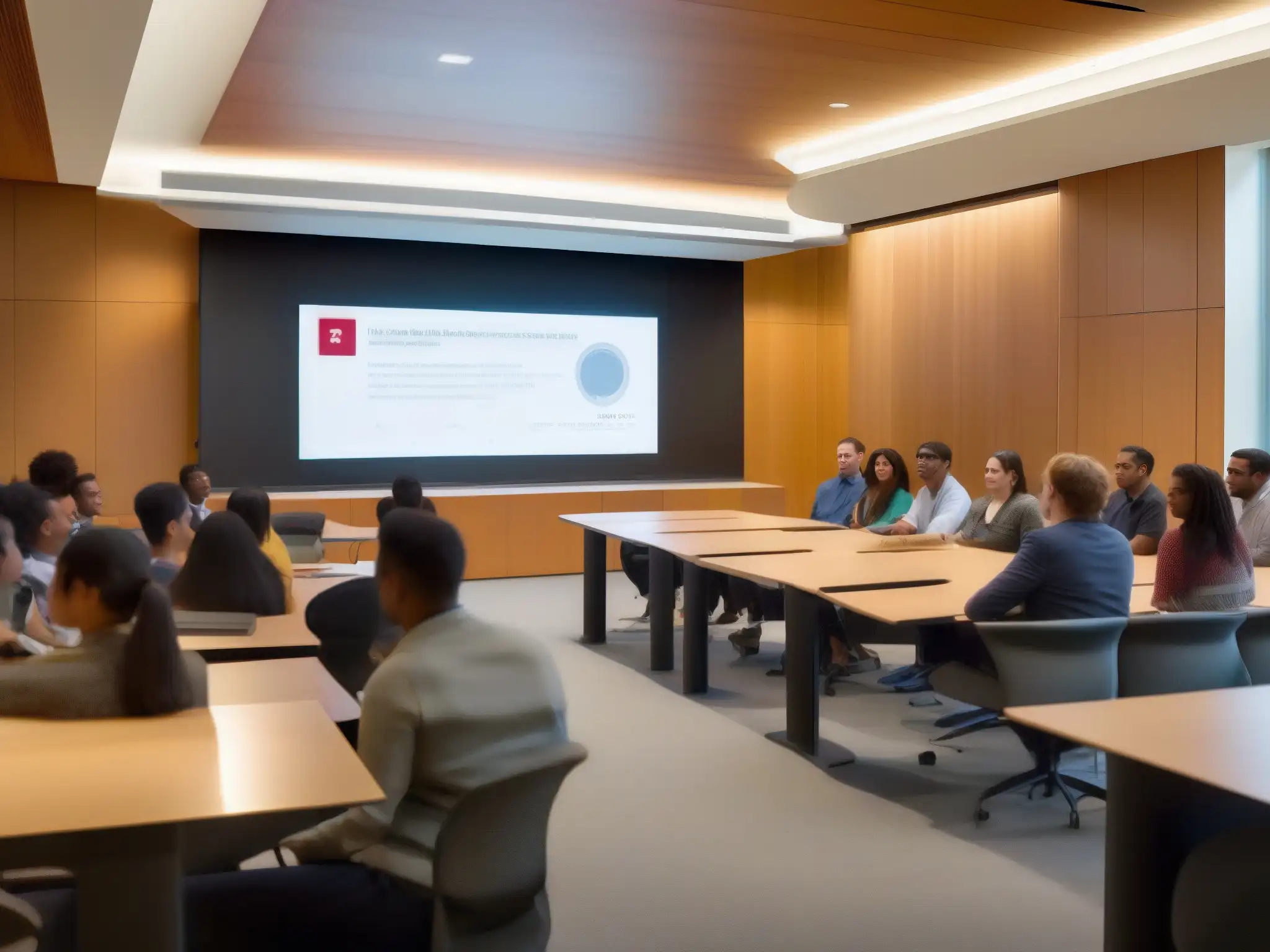 Conversación dinámica en aula moderna en Stanford Grupo diverso de estudiantes y profesores participando en una animada discusión en una moderna sala de conferencias en la Universidad Stanford