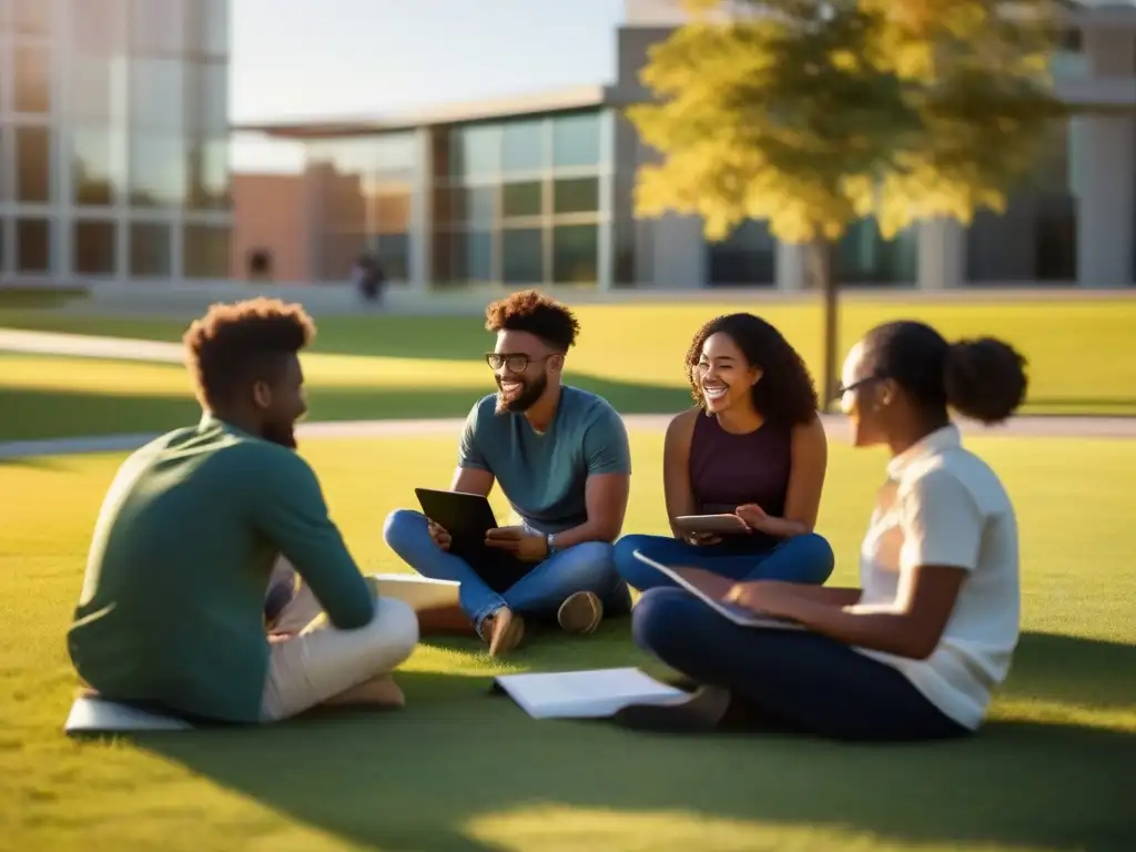 Estudiantes colaborando en proyecto al aire libre Un grupo diverso de estudiantes colabora en un proyecto al aire libre con herramientas tecnológicas