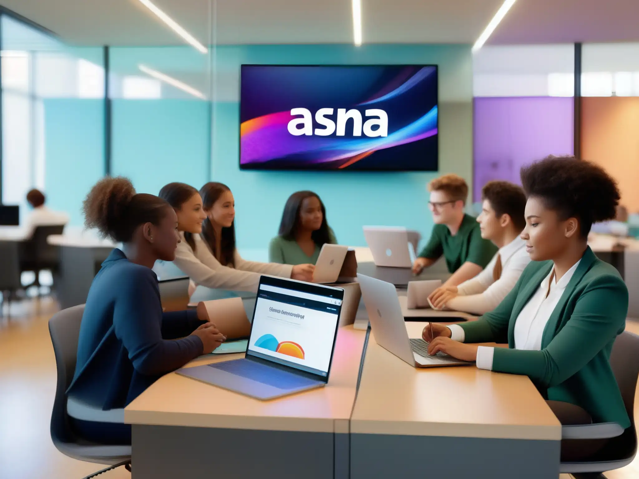 Estudiantes colaborando con Asana en aula moderna Un grupo diverso de estudiantes colabora en un proyecto en un aula moderna, utilizando Asana para una organización efectiva