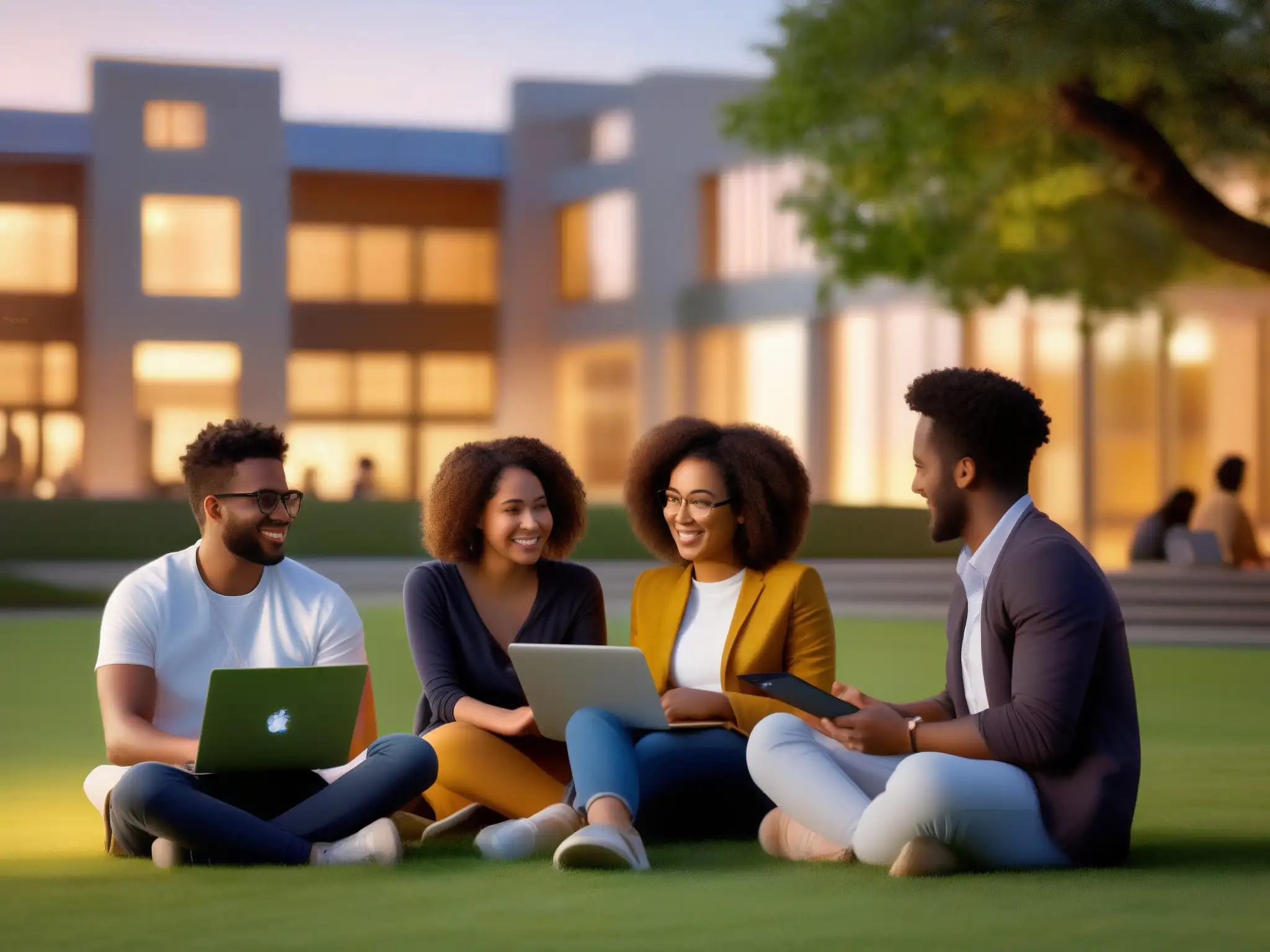 Estudiantes colaborando en proyecto educativo con Webex al atardecer Un grupo diverso de estudiantes colabora en un proyecto a través de Webex en un campus