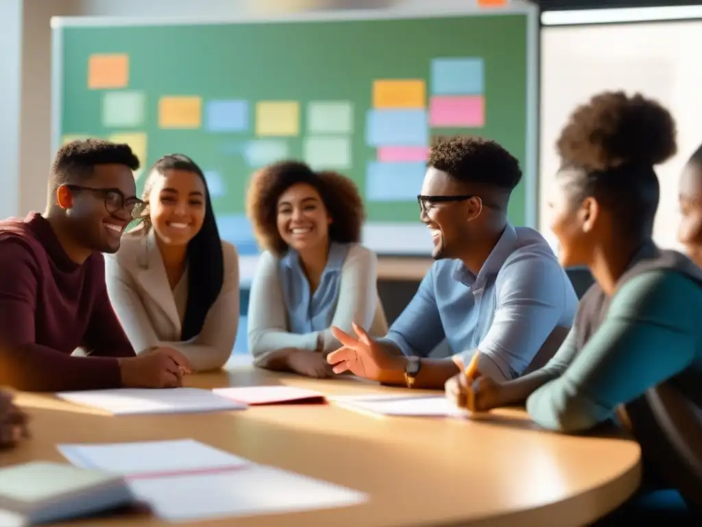 Estudiantes colaborando en un proyecto educativo Grupo diverso de estudiantes colaborando en un proyecto en un aula moderna, con consejos creación contenido educativo atractivo