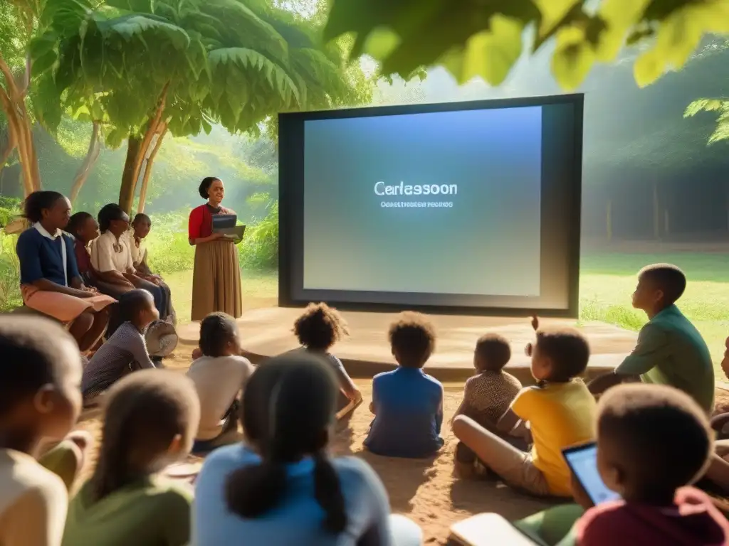 Clase digital en entorno rural: integración tecnológica y natural Grupo diverso de estudiantes rurales participando entusiastas en una clase online al aire libre rodeados de vegetación exuberante