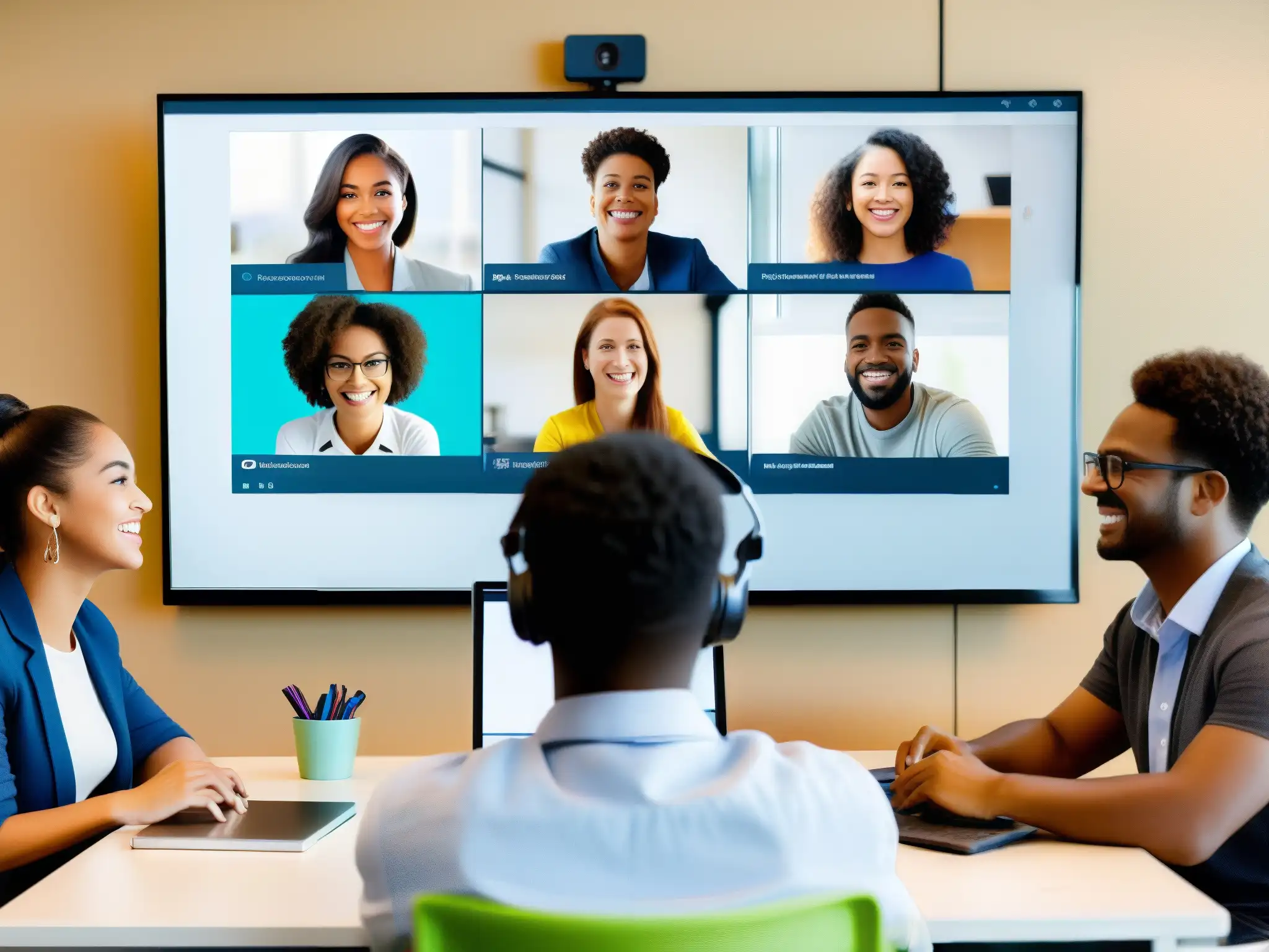 Conferencia virtual dinámica en GoToMeeting: aprendizaje interactivo Grupo diverso de estudiantes participando en una sesión interactiva de aprendizaje en línea a través de GoToMeeting