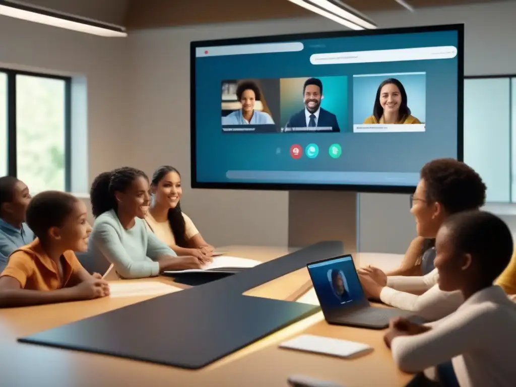Clase virtual dinámica con estudiantes diversos y herramientas educativas modernas Grupo diverso de estudiantes participando activamente en una videoconferencia educativa, con herramientas modernas en el fondo