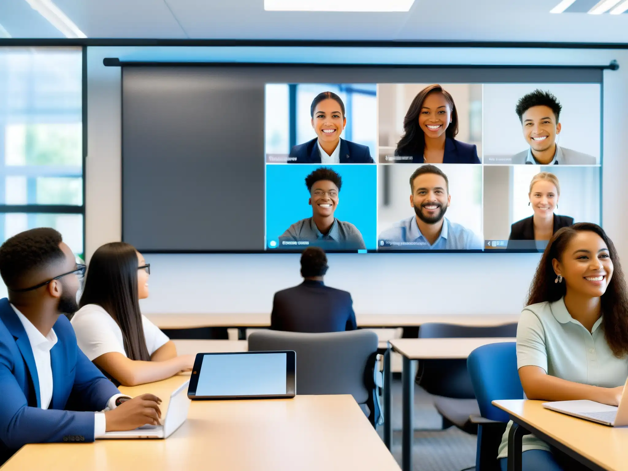 Videoconferencia educativa: estudiantes colaborando Grupo diverso de estudiantes participando activamente en videoconferencia educativa