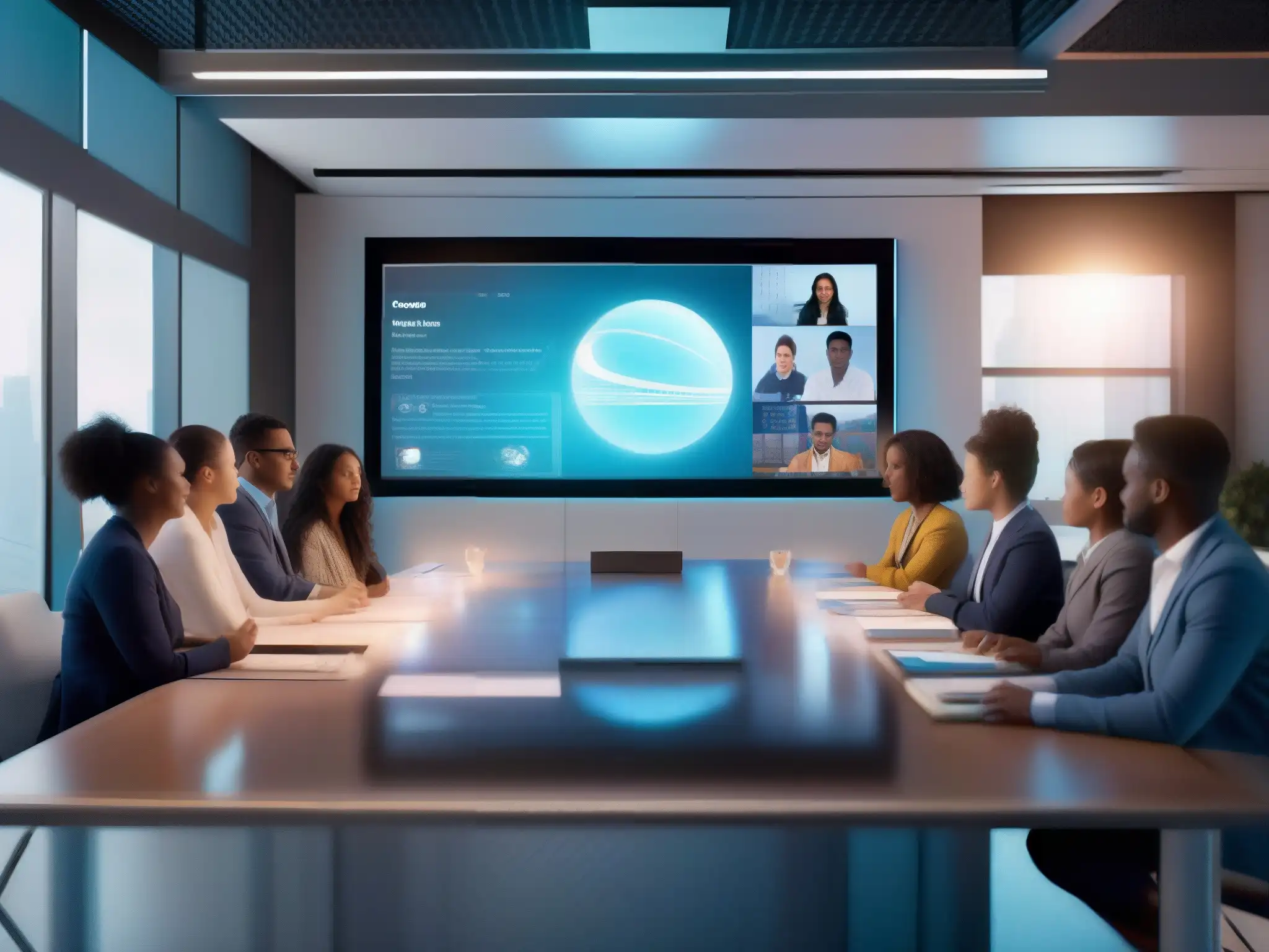 Clase virtual con IA holográfica y estudiantes colaborando Grupo diverso de estudiantes participa activamente en una videoconferencia educativa con asistente holográfico