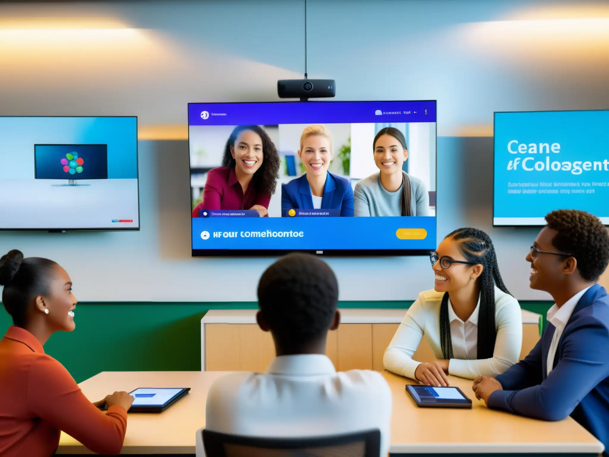 Clase virtual dinámica y personalizada para estudiantes de todas las edades Un grupo diverso de estudiantes participa activamente en una videoconferencia educativa personalizada, mostrando interés genuino