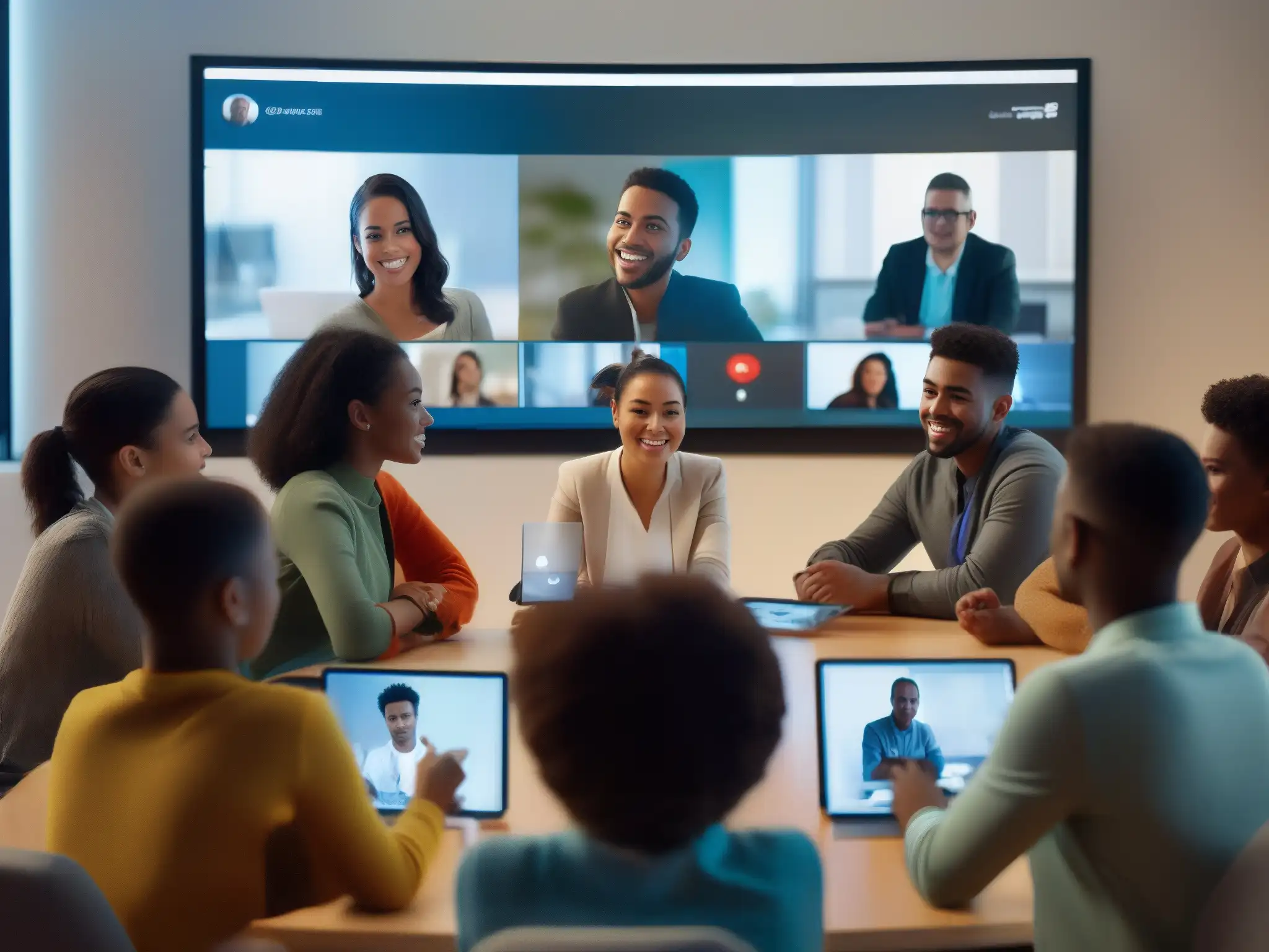 Clase virtual interactiva con estudiantes diversos Grupo diverso de estudiantes en videoconferencia para tabletas y smartphones, colaborando en un aula virtual futurista