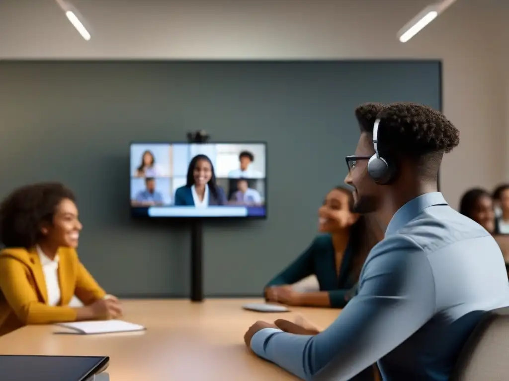 Aula virtual segura y moderna con estudiantes comprometidos Grupo diverso de estudiantes participando en una videoconferencia educativa segura, enfocados y colaborativos en un ambiente moderno y seguro