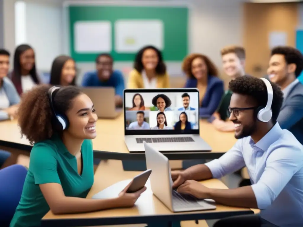 Estudiantes participando activamente en videoconferencia Grupo diverso de estudiantes participando activamente en una videoconferencia en un aula virtual, con tecnología y ambiente acogedor, ideal para plataformas de videoconferencia escalables colegios