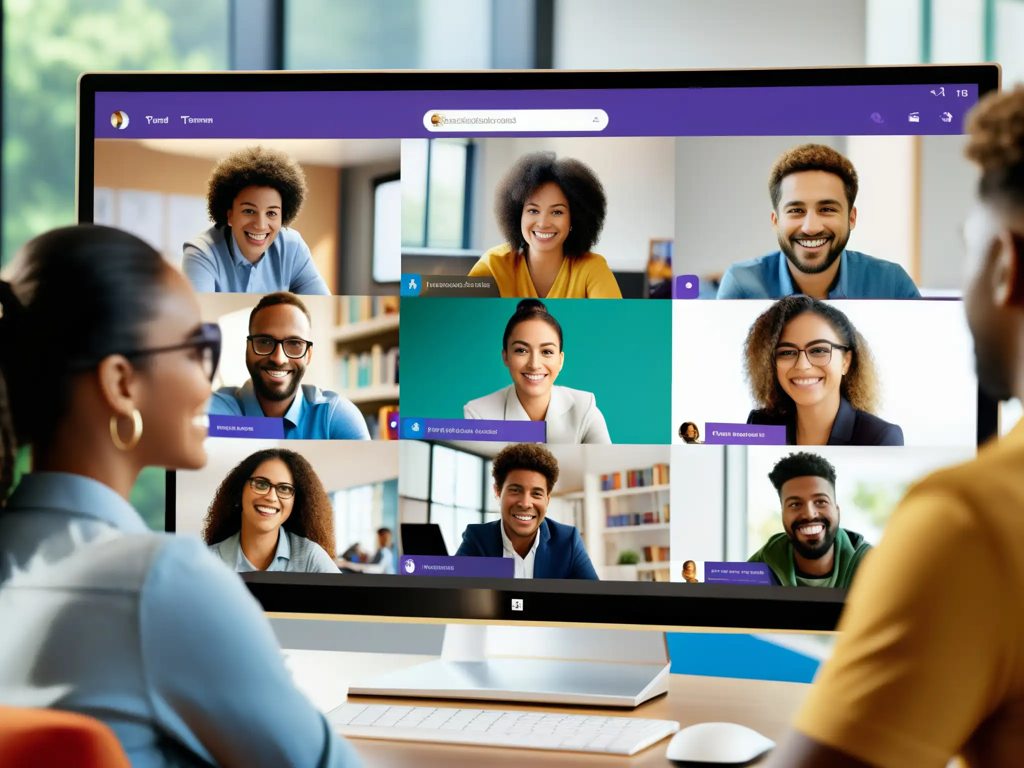 Aula virtual dinámica: estudiantes colaborando en Microsoft Teams Grupo diverso de estudiantes participando en una sesión virtual en Microsoft Teams