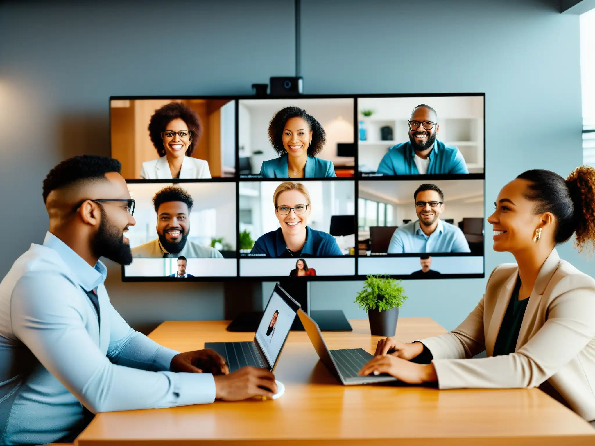 Videoconferencia de freelancers: productividad y profesionalismo Grupo diverso de freelancers en videoconferencia profesional en casa, solución sostenible para colaboración efectiva