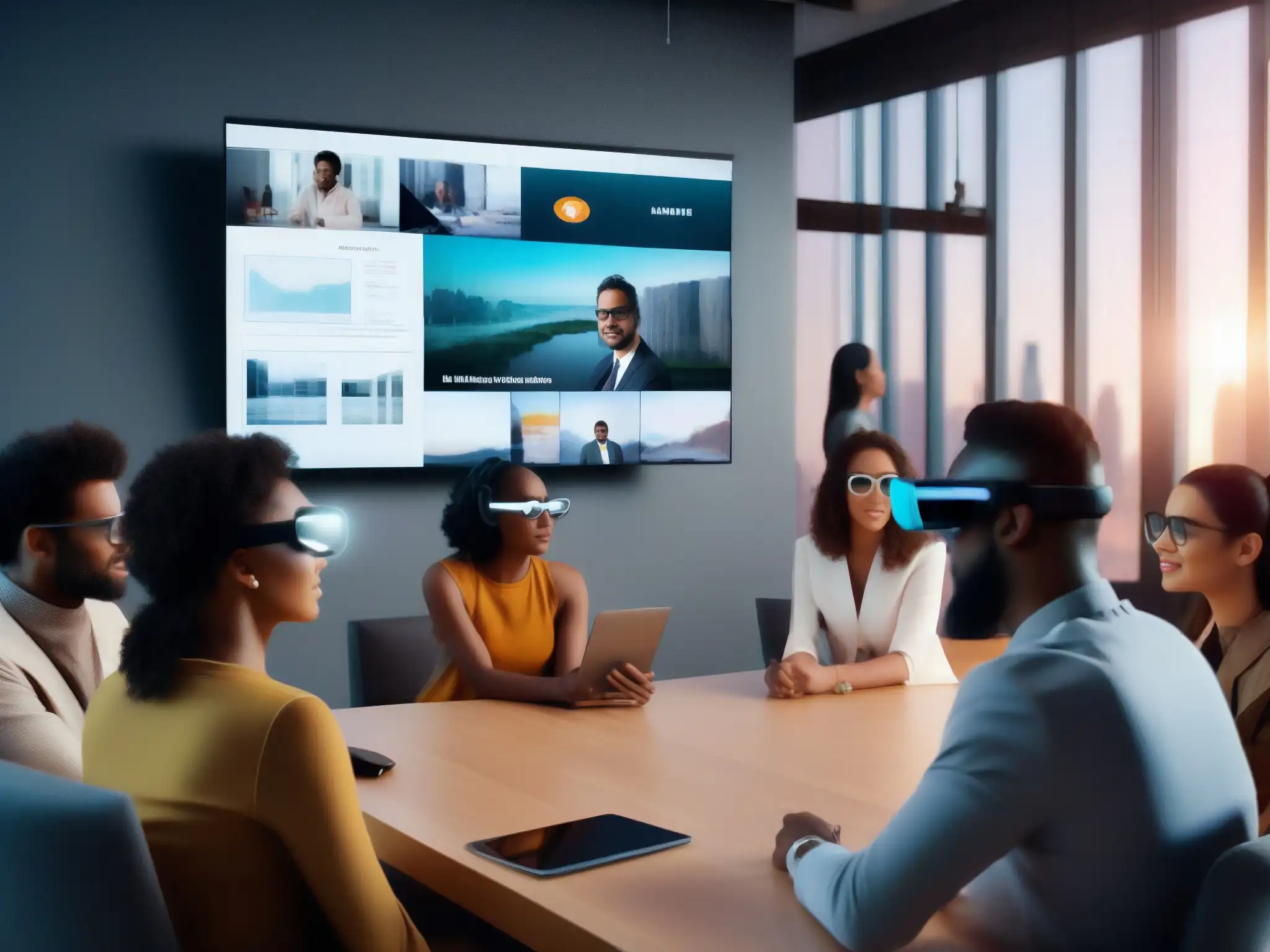 Videoconferencia profesional con AR para colaboración futurista Grupo diverso usando gafas de AR en videoconferencia futurista; Realidad aumentada en videoconferencias