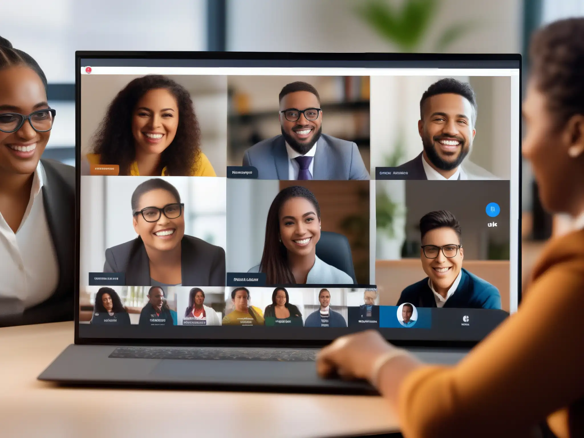 Videoconferencia inclusiva: diversidad y accesibilidad en acción Un grupo diverso usa una herramienta de videoconferencia con diseño inclusivo