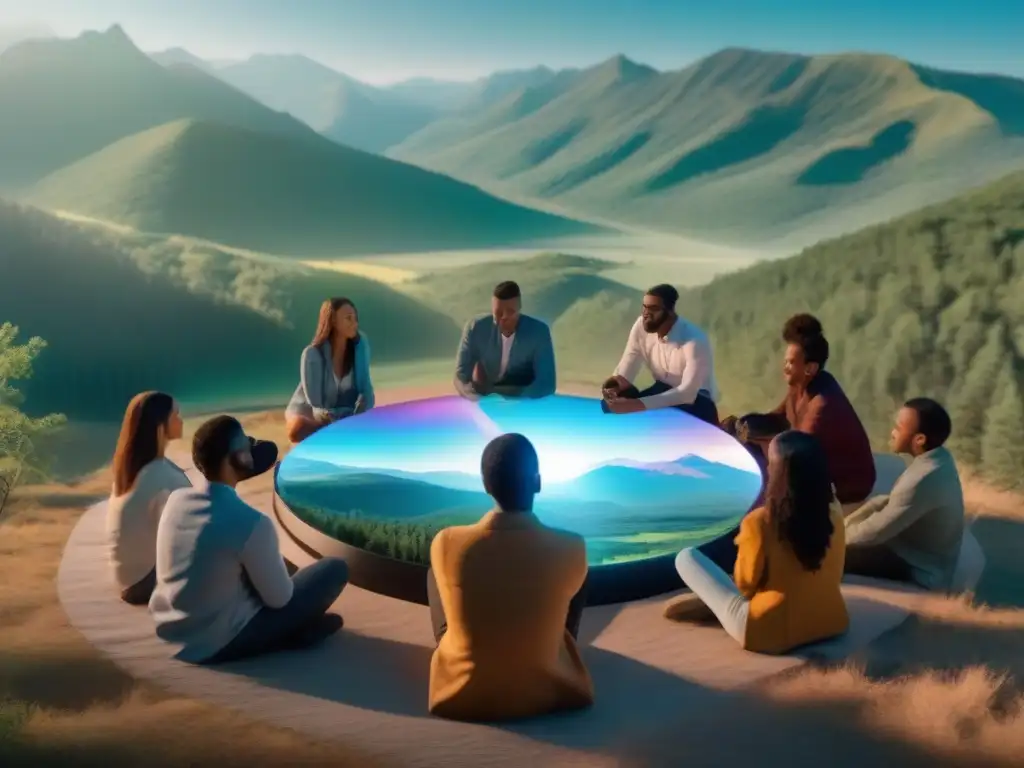 Videoconferencia holográfica en la naturaleza: conectividad remota avanzada Grupo diverso usa herramientas de videoconferencia para áreas remotas en un entorno natural de montañas y bosques