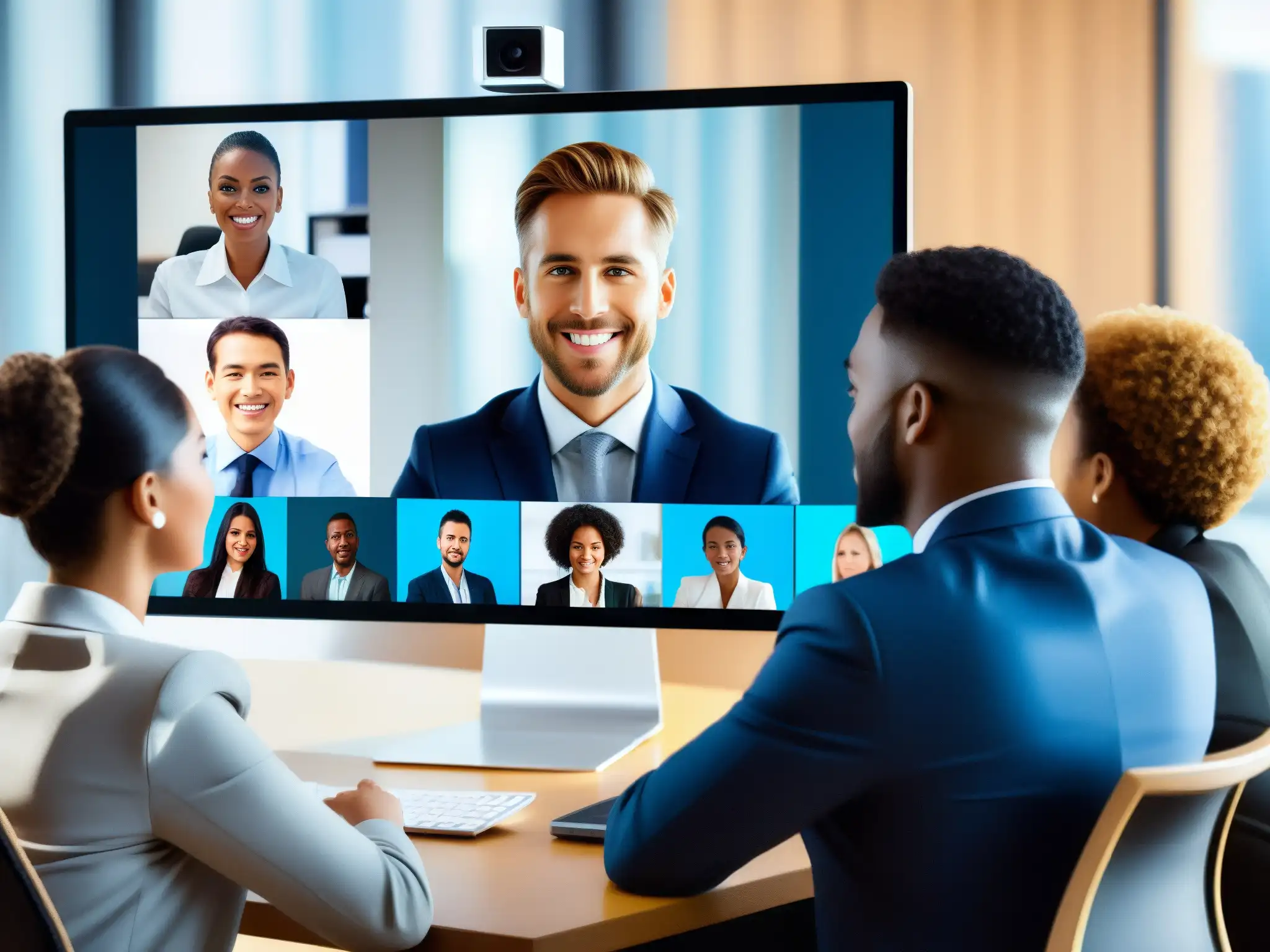 Innovación Profesional: Videoconferencia de Profesionales Un grupo diverso de jóvenes profesionales se reúnen en una videoconferencia, mostrando enfoque y determinación