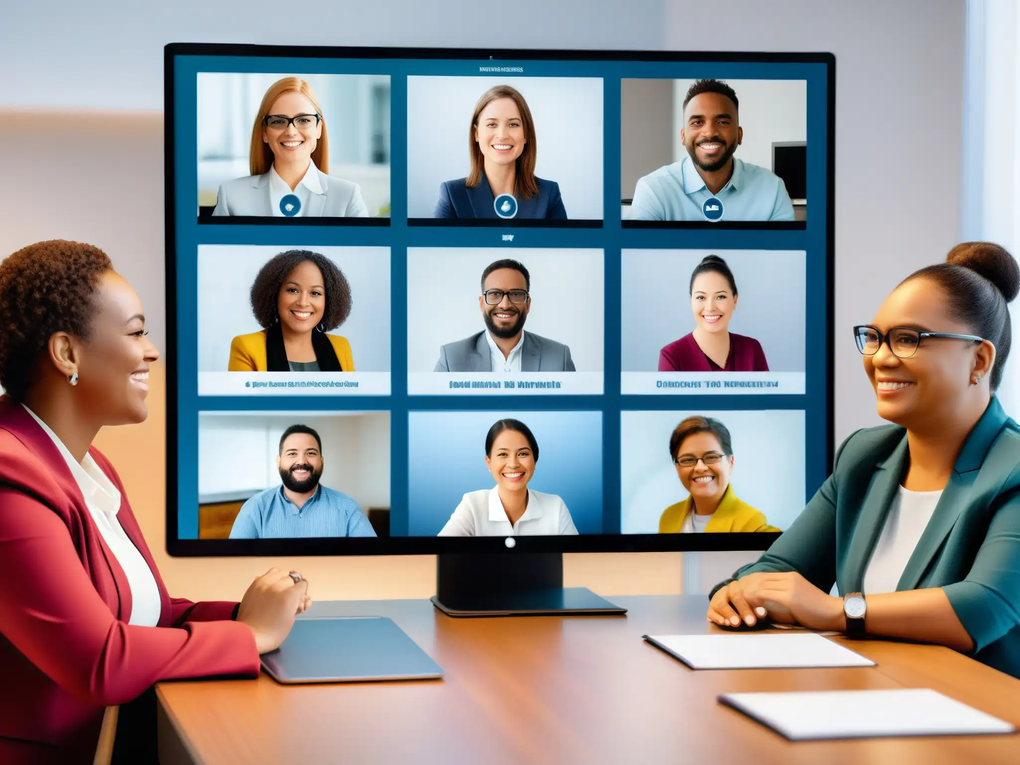 Inclusión y diversidad: Comunicación accesible en videoconferencia Grupo diverso usa lenguaje de señas y braille en videoconferencia, con funcionalidades accesibilidad para discapacidad