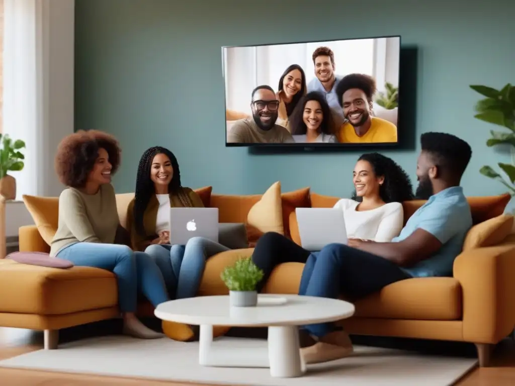 Conversación animada: diversidad y conexión en videollamada Grupo diverso disfruta llamadas personales en living acogedor, transmitiendo modernidad e inclusividad