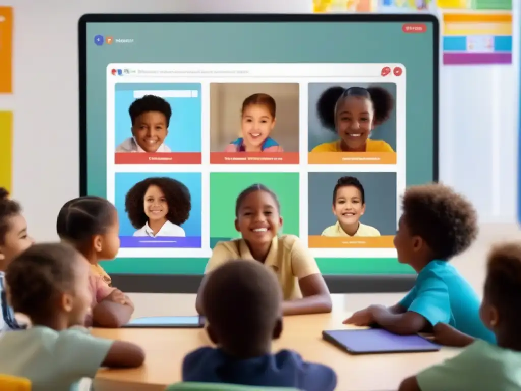 Clase virtual: Niños felices participando en videoconferencia educativa Grupo diverso de niños participando en una videoconferencia educativa segura