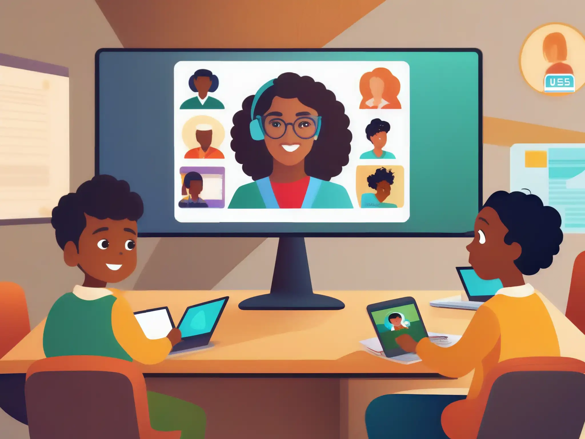 Clase virtual inclusiva: niños participando activamente Grupo diverso de niños participando activamente en una videoconferencia educativa segura y colaborativa con su maestra en un aula moderna y acogedora