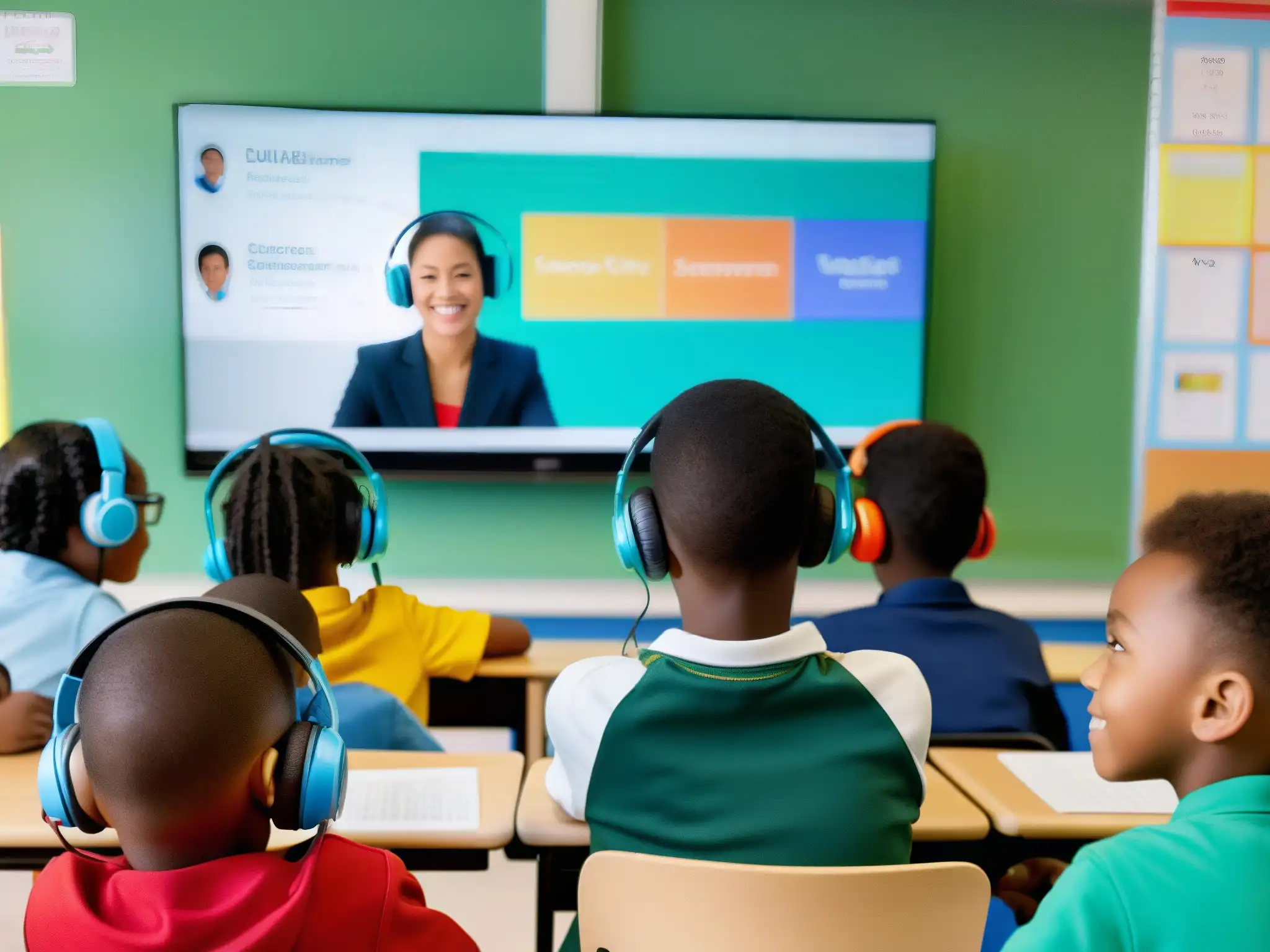 Clase online interactiva: niños concentrados y entusiastas Grupo diverso de niños en videoconferencia educativa con medidas de protección infantil