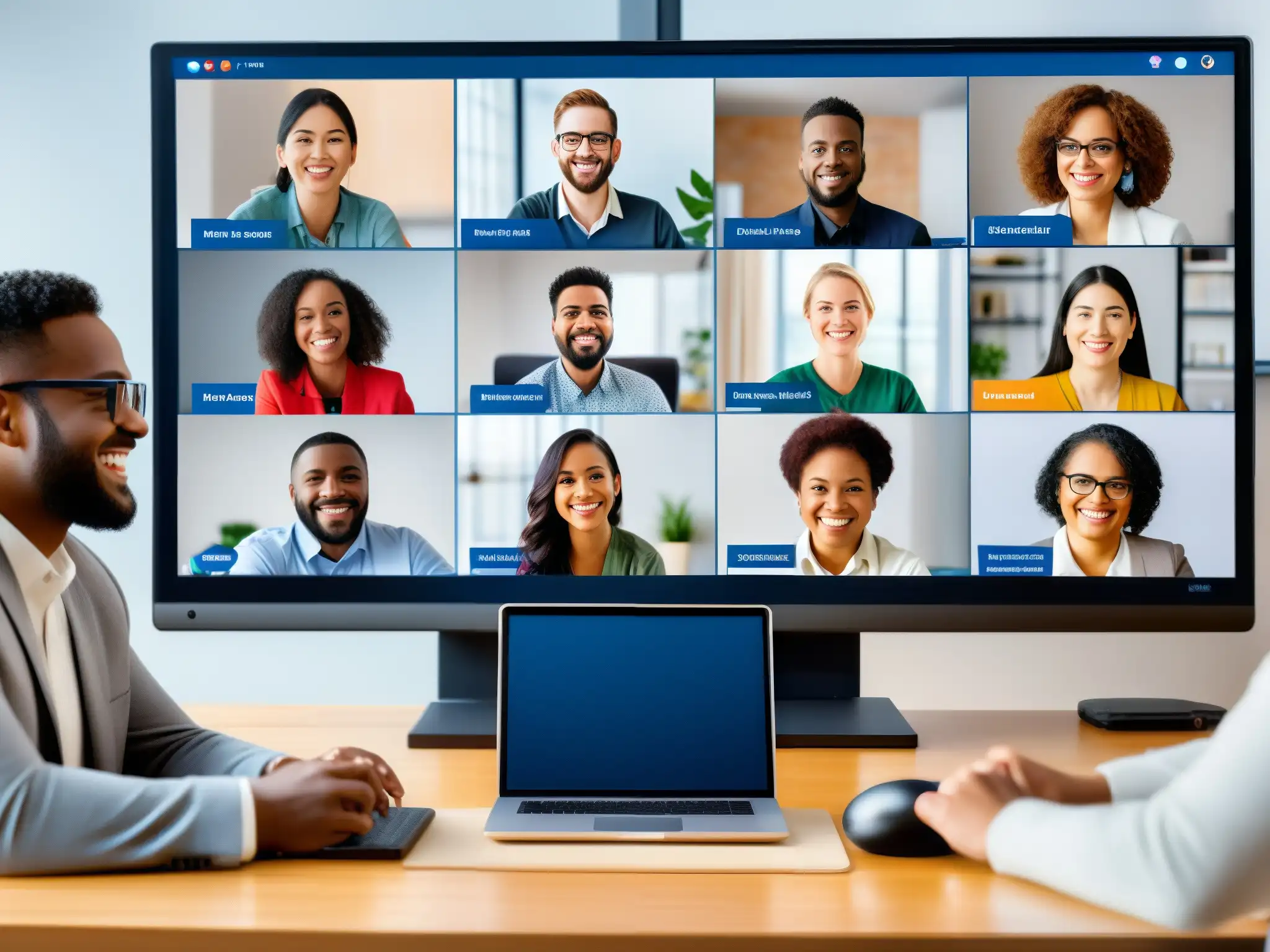 Videoconferencia inclusiva: diversidad de habilidades Grupo diverso de personas con discapacidad utilizando funciones de accesibilidad en una videoconferencia inclusiva