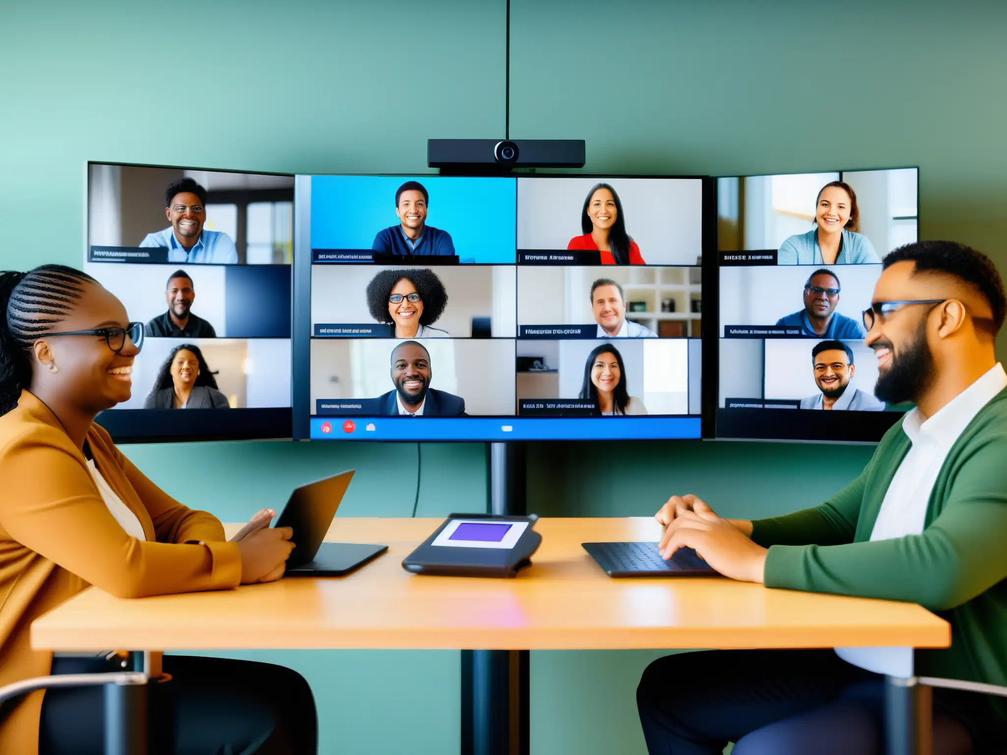 Videoconferencia inclusiva con tecnologías accesibles Un grupo diverso de personas, incluyendo individuos con diversas discapacidades, participa en una videoconferencia accesible para discapacidades