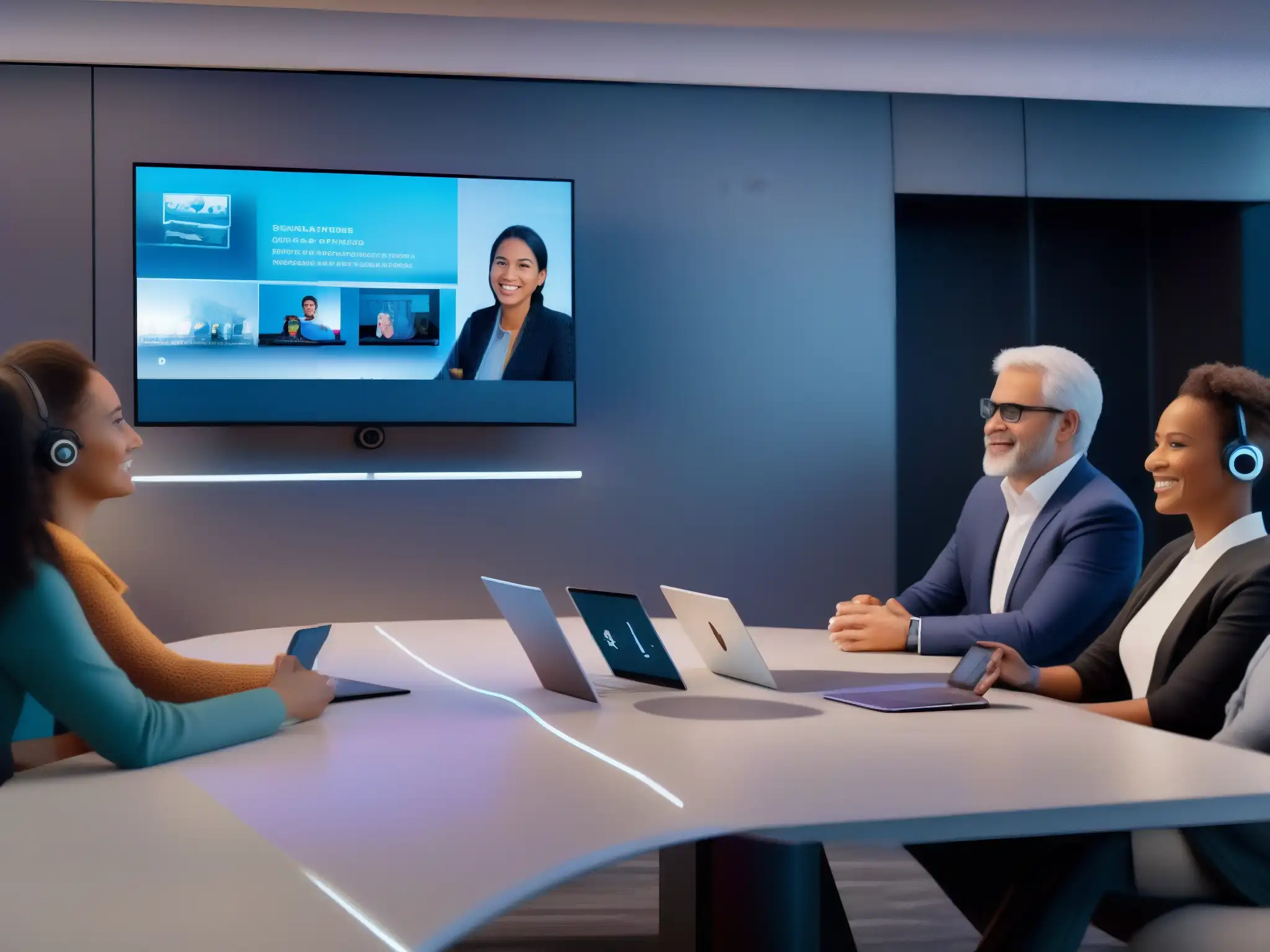 Videoconferencia holográfica inclusiva para todos Un grupo diverso de personas participa en una videoconferencia futurista con tecnología holográfica y accesibilidad personalizada