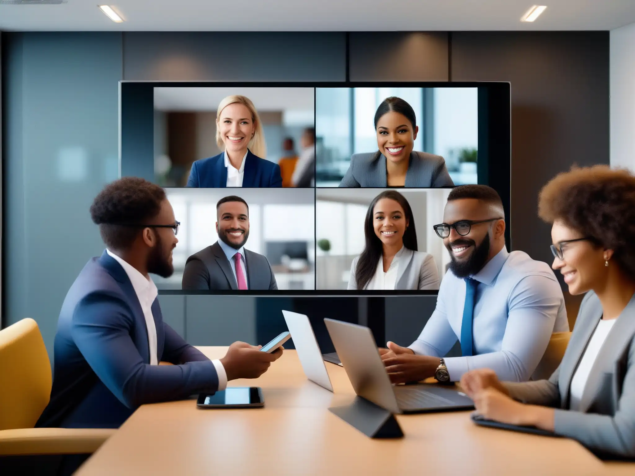 Videoconferencia móvil: Profesionales colaborando en vivo Un grupo diverso de profesionales utilizan sus dispositivos móviles para una videoconferencia productiva en un entorno de oficina moderno