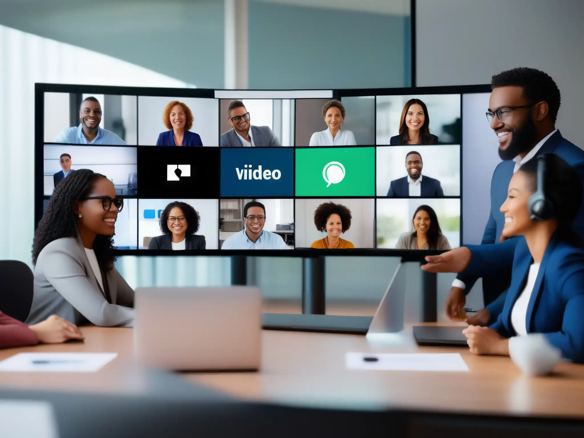 Profesionales colaborando en videoconferencia moderna Un grupo diverso de profesionales y educadores en una videoconferencia, utilizando los mejores complementos de plataforma de videoconferencia para una colaboración productiva y sofisticada