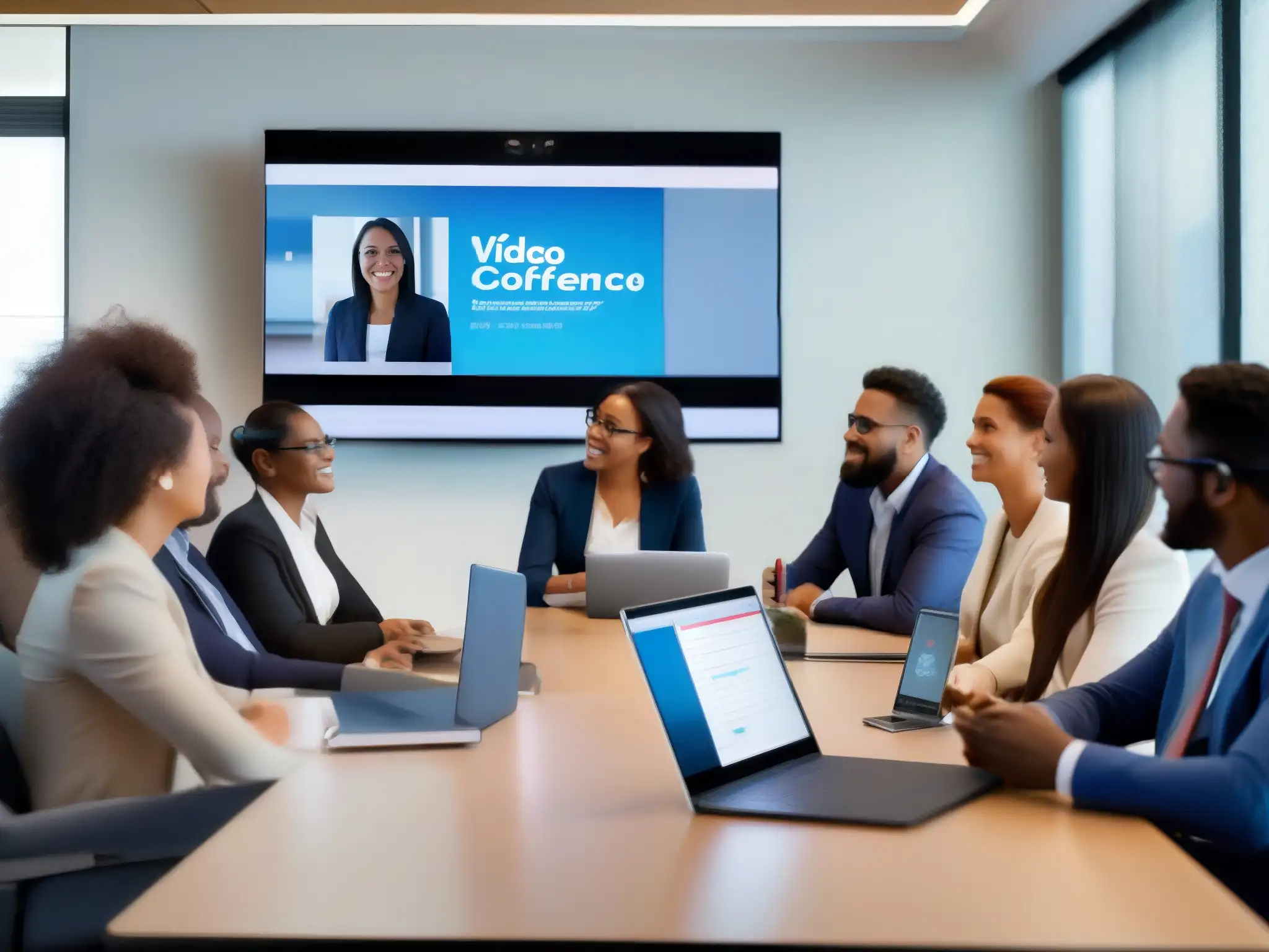 Profesionales y educadores colaborando en videoconferencia moderna Un grupo diverso de profesionales y educadores se reúnen en una videoconferencia, utilizando herramientas modernas