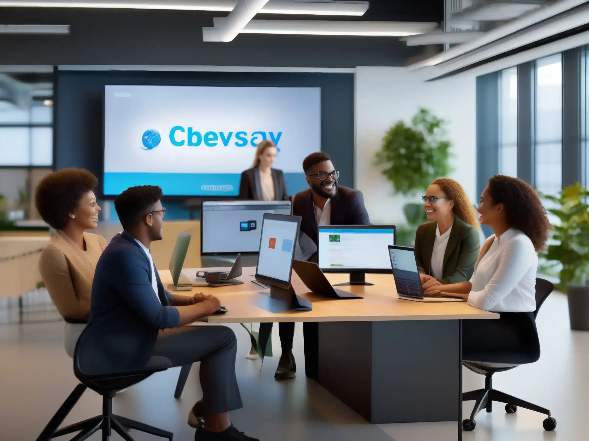 Colaboración dinámica en espacio tech-savvy Un grupo diverso de profesionales y estudiantes colaborando en un espacio de trabajo moderno y tecnológico, integrando herramientas de videoconferencia como Skype y Zoom