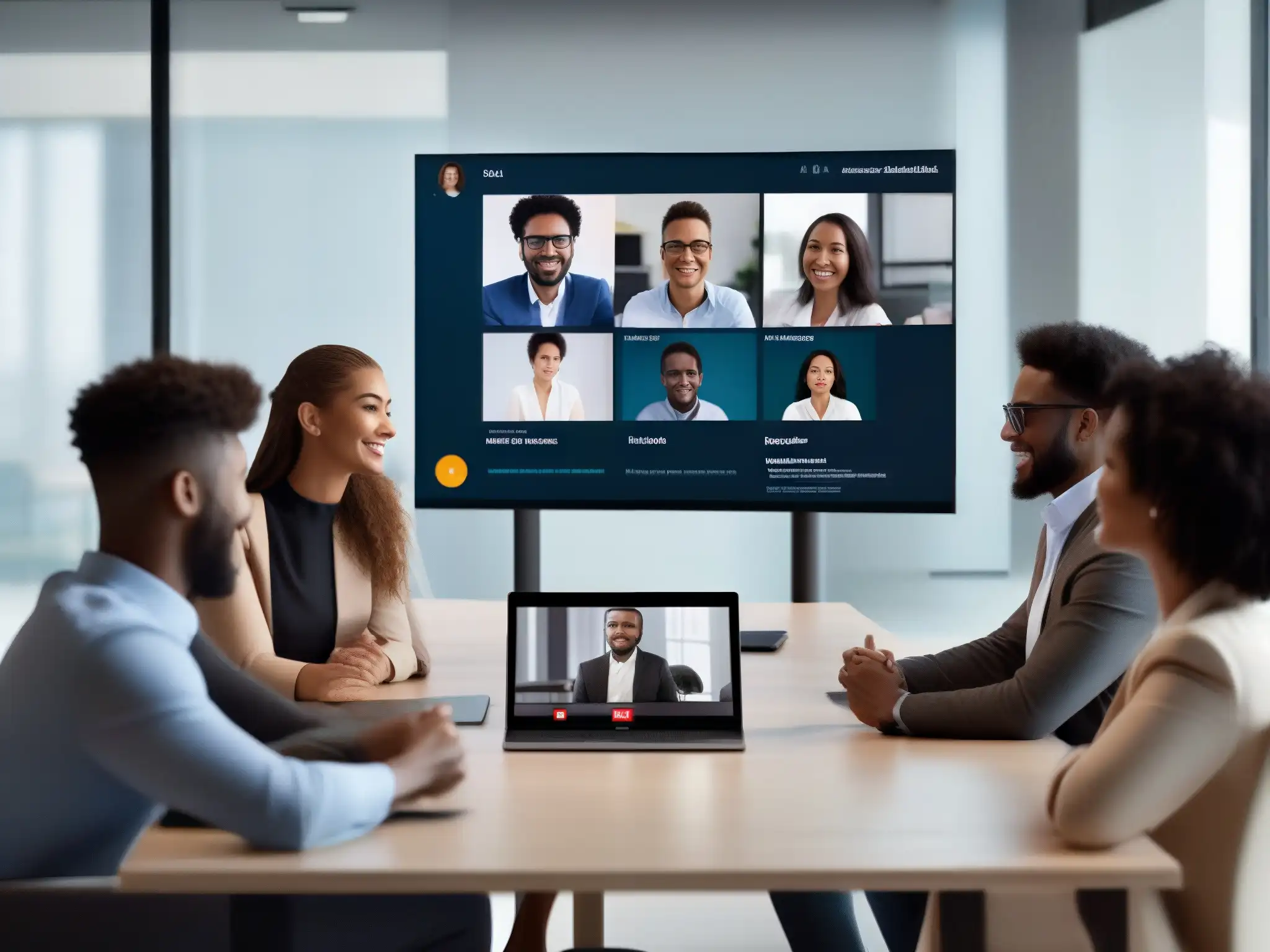 Profesionales y estudiantes colaborando en videoconferencia Un grupo diverso de profesionales y estudiantes colaborando en una videoconferencia con una interfaz moderna y elegante