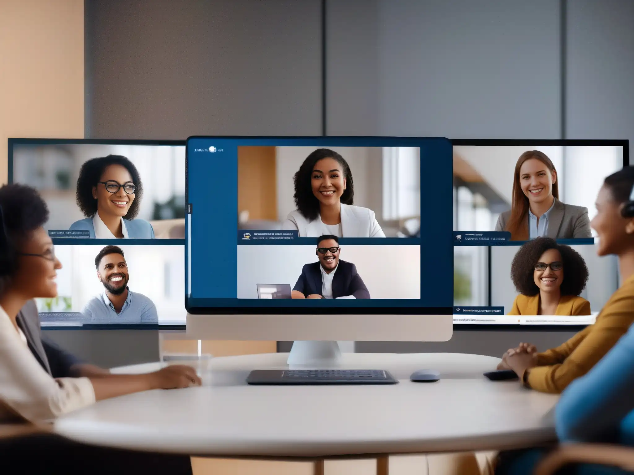Videoconferencia inclusiva: profesionales y estudiantes comprometidos Un grupo diverso de profesionales y estudiantes participa activamente en una videoconferencia virtual con una interfaz accesible y moderna