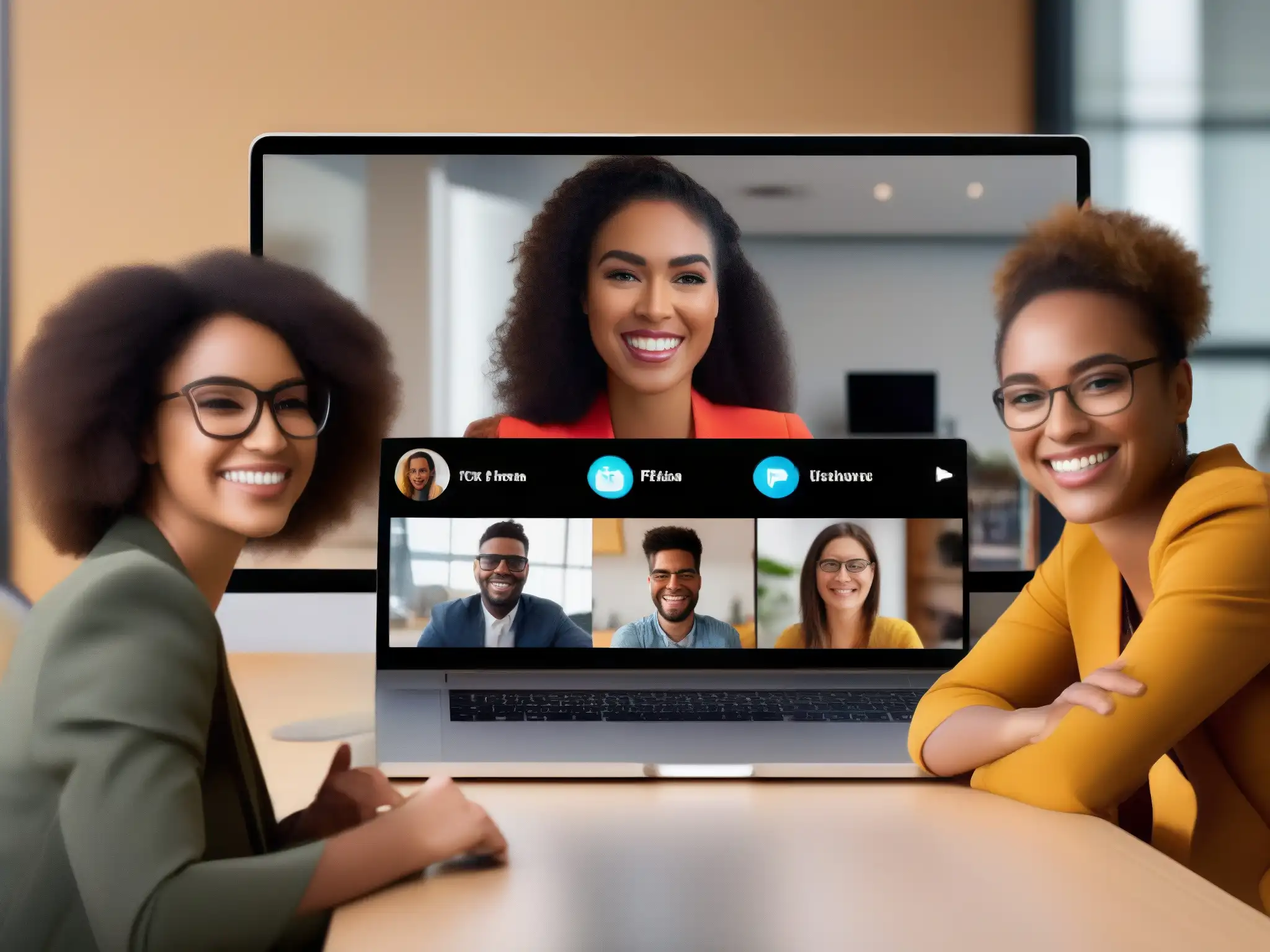 Videoconferencia dinámica y productiva en FaceTime Un grupo diverso de profesionales y estudiantes utiliza FaceTime en sus dispositivos iOS para una videoconferencia dinámica y productiva