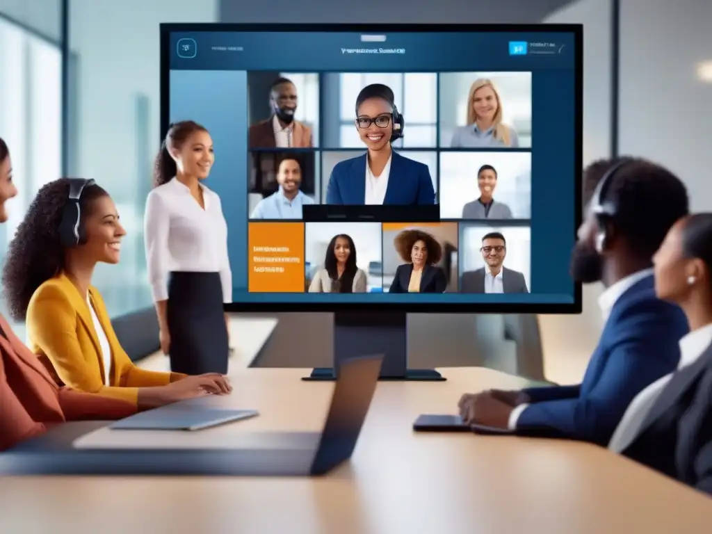 Videoconferencia moderna: profesionales y estudiantes en interacción Un grupo diverso de profesionales y estudiantes participa en una videoconferencia con una interfaz moderna y amigable, destacando la versatilidad y facilidad de uso de las herramientas de videoconferencia