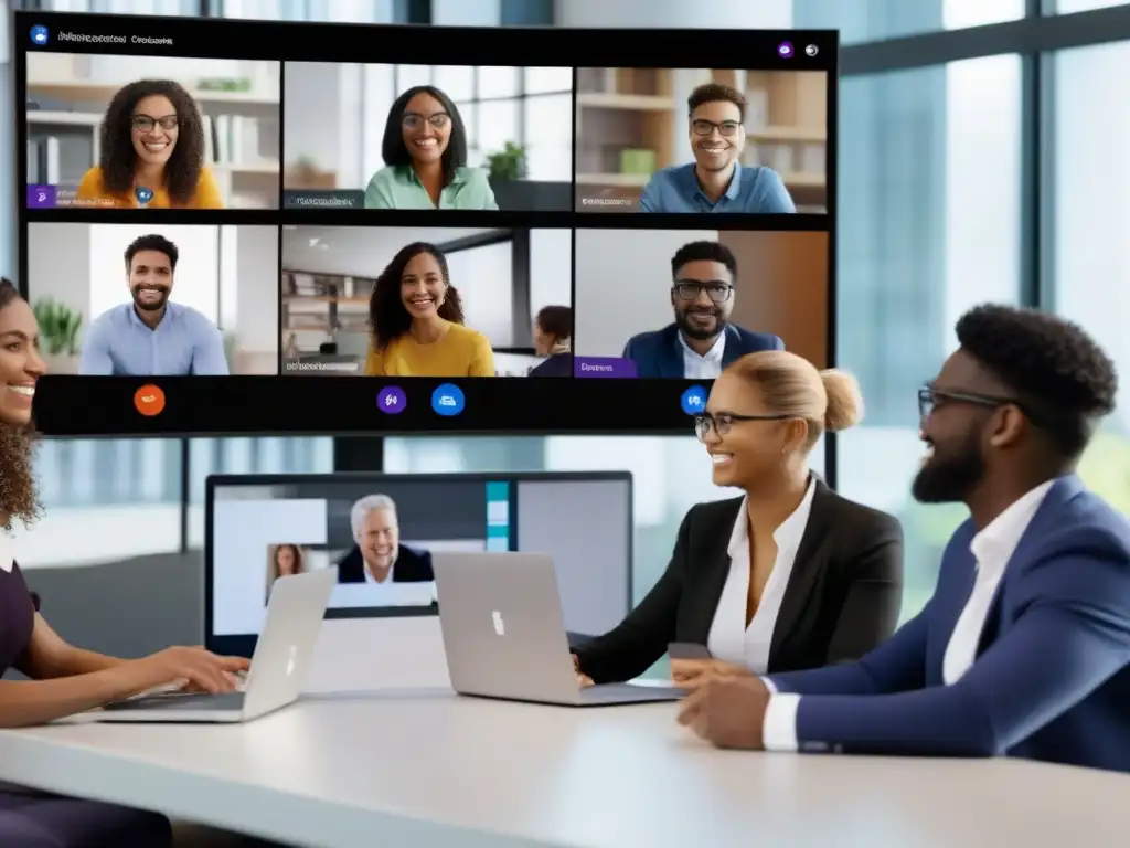 Conferencia virtual en Microsoft Teams: Inclusividad y eficiencia Un grupo diverso de profesionales y estudiantes participa en una videoconferencia en Microsoft Teams, mostrando eficaz gestión de participantes